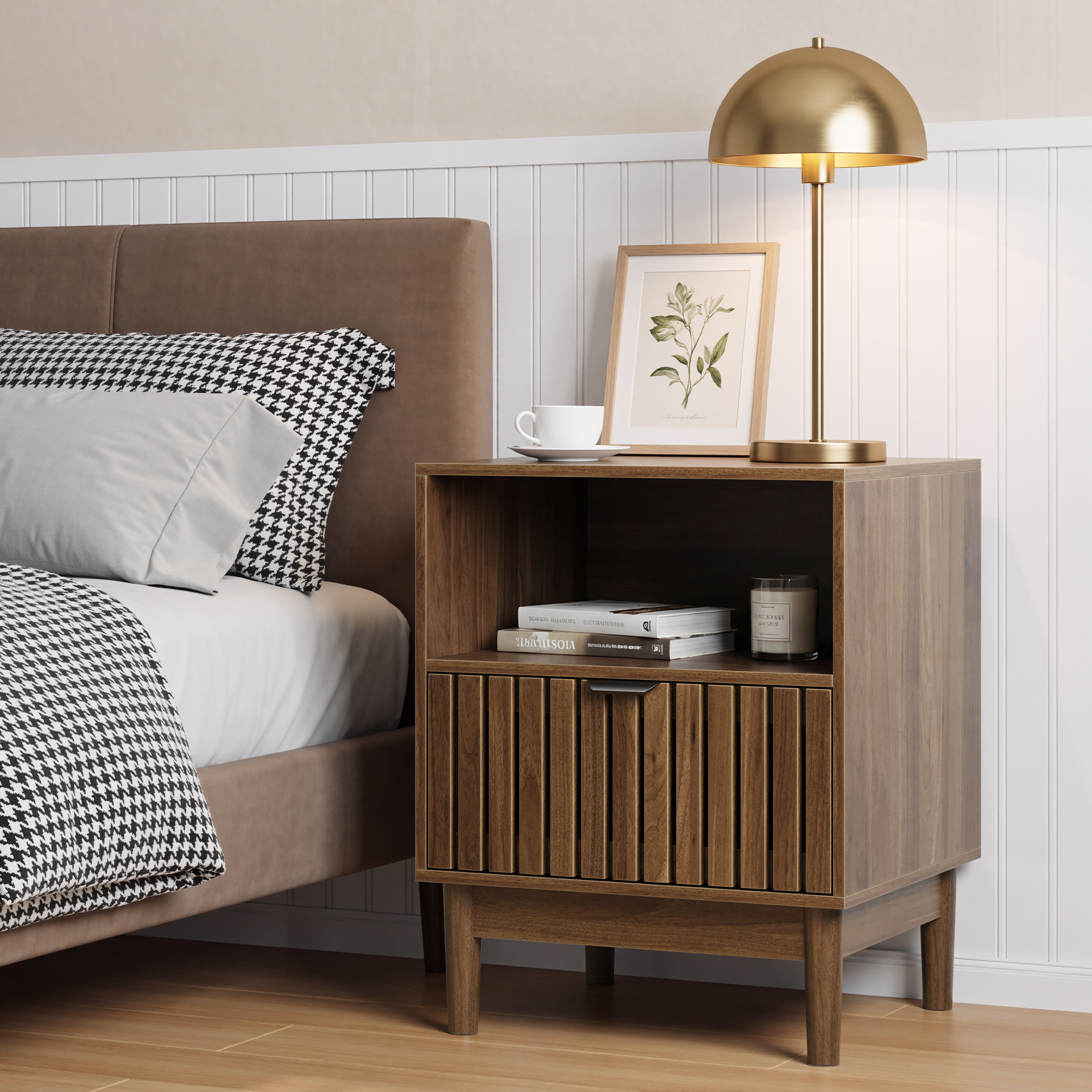 Modern Nightstand with Slatted Base and Drawer, 45x39x56.5cm, Walnut Wood Color