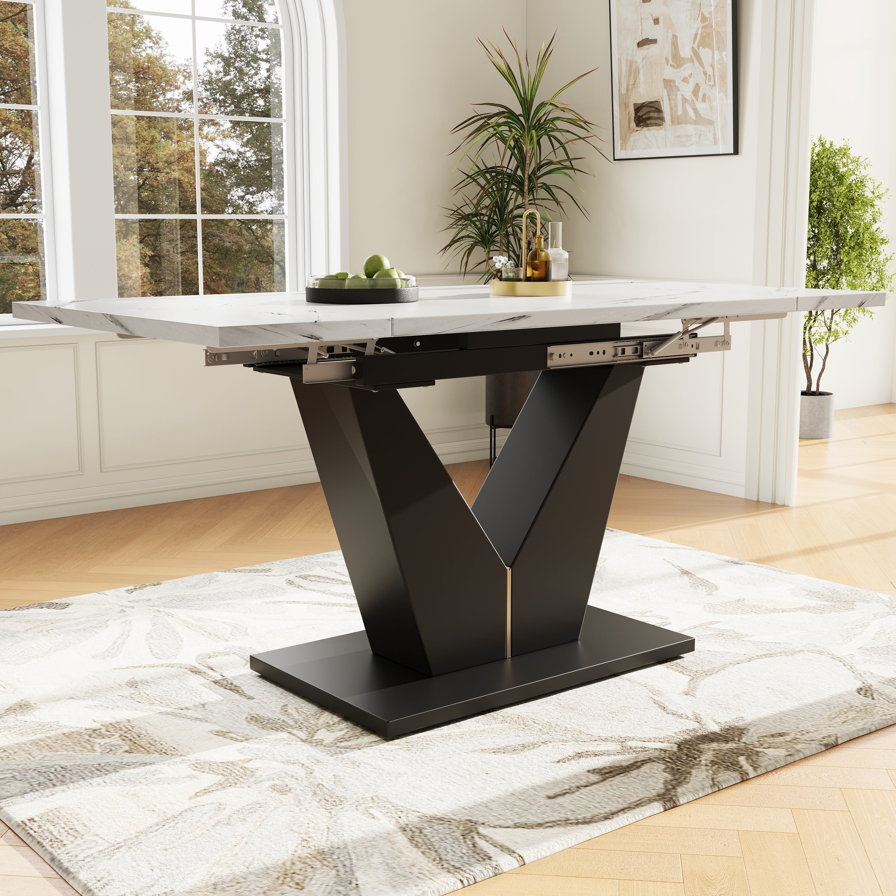 Telescopic Dining Table Extendable 99-159x75cm Space-Saving White V-Shaped Top