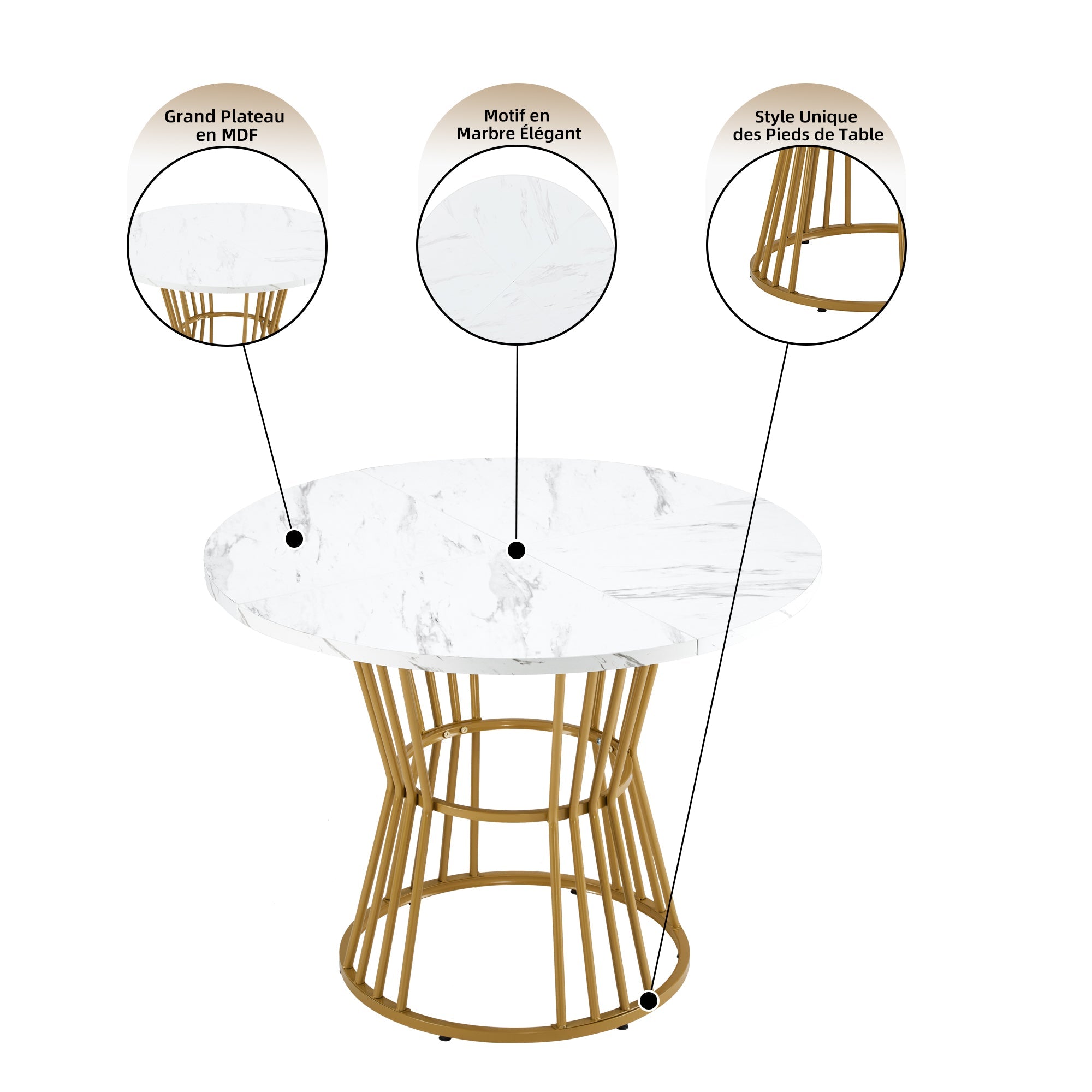 5-Piece Dining Set Round 100cm Gold Metal Legs White MDF Dark Grey Velvet