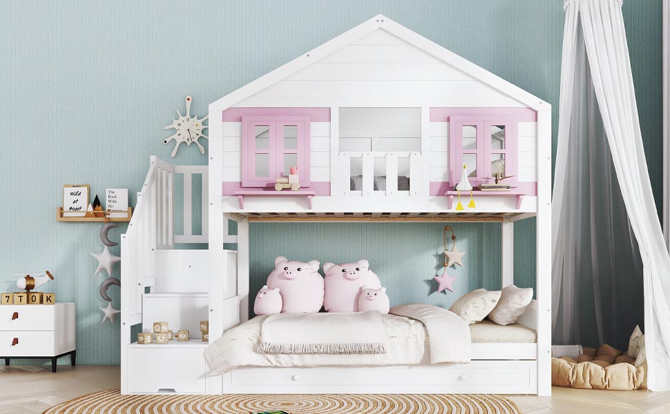 Bunk Bed 90x200cm Trundle Clothes Hanging House Design - White/Pink