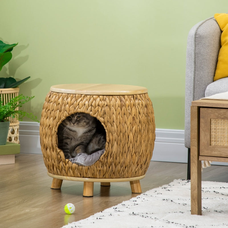 Cat Cave, Water Hyacinth Grass with Washable Cushion, Light Brown + Natural Wood + Grey