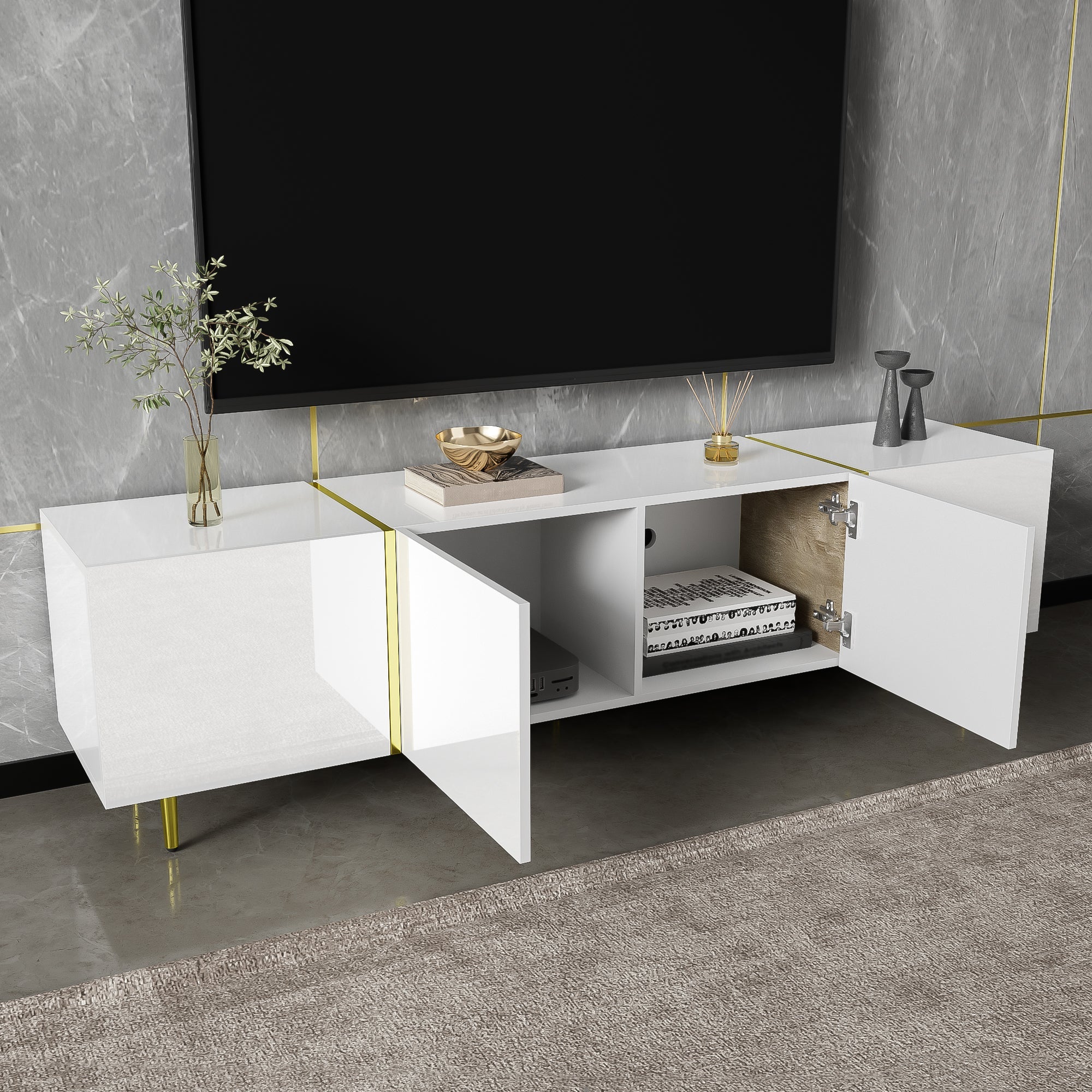 TV cabinet, four doors, modern, white