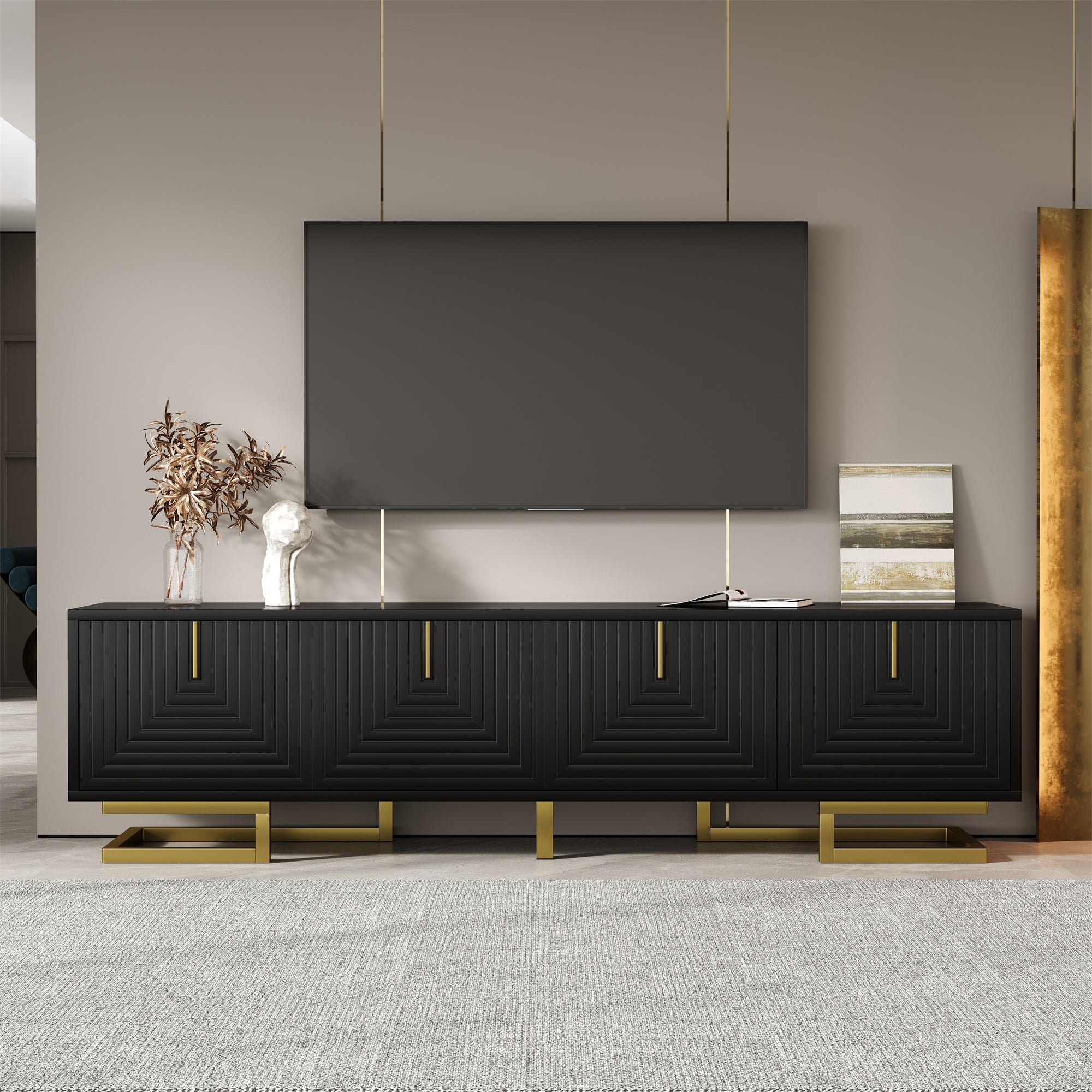 TV Cabinet Lowboard with Textured Doors, Gold Handles and Legs