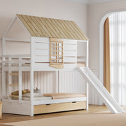 House-Shaped Bunk Bed with Slide and Pull-Out Bed, 90x200, White and Natural Pine