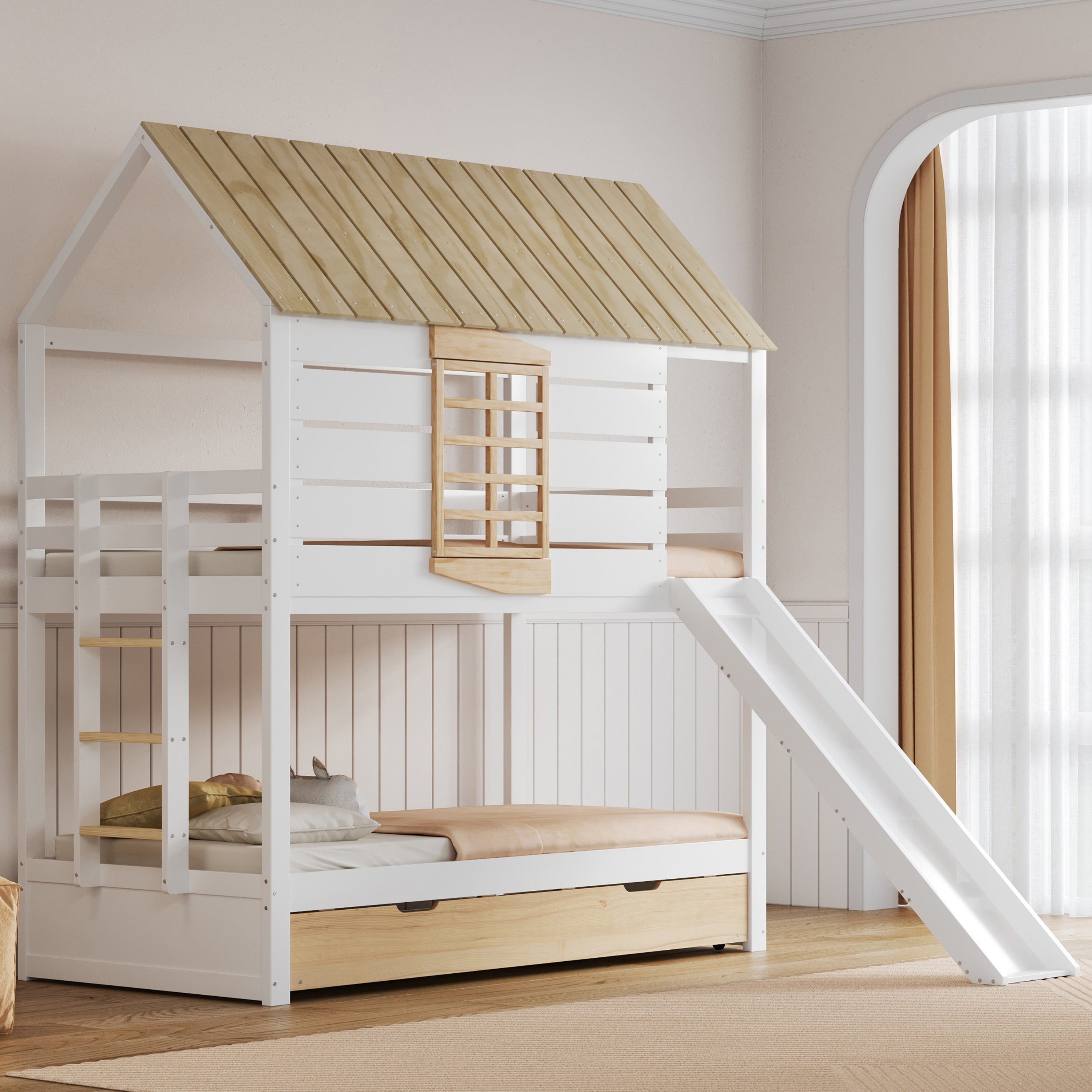 House-Shaped Bunk Bed with Slide and Pull-Out Bed, 90x200, White and Natural Pine