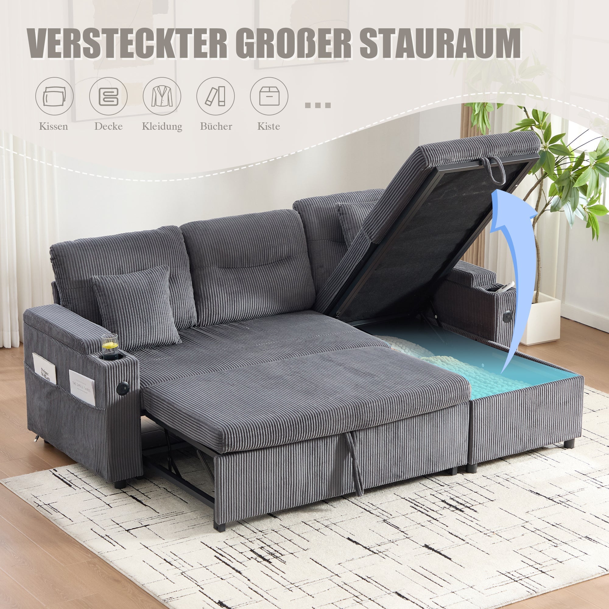 Modern 3-Seater Sofa with Storage, Cup Holders and USB-C Charging, Corduroy