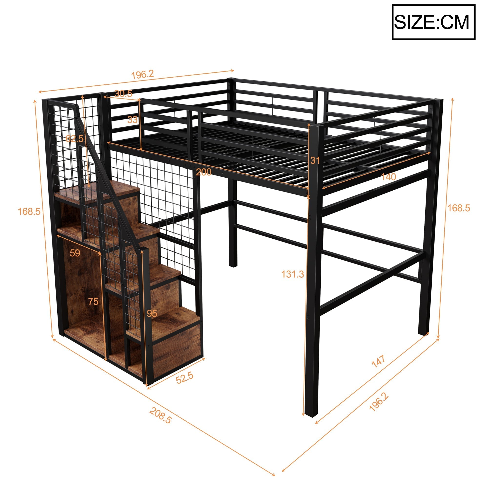 Loft Bed 140x200cm with Safety Ladder Iron Frame Storage Area - Black