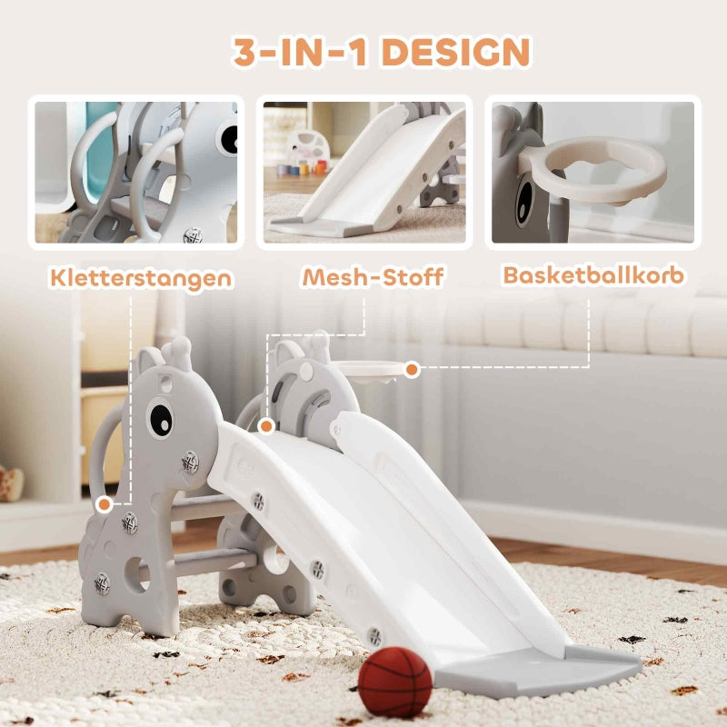 AIYAPLAY 3-in-1 Giraffe Slide with Basketball Hoop and Ball, grey