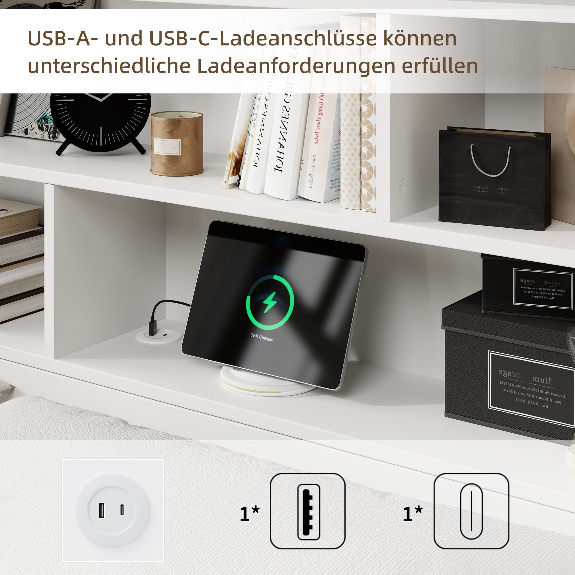 Double Storage Bed 140x200cm Solid Wood with USB Port & Under Bed Storage White