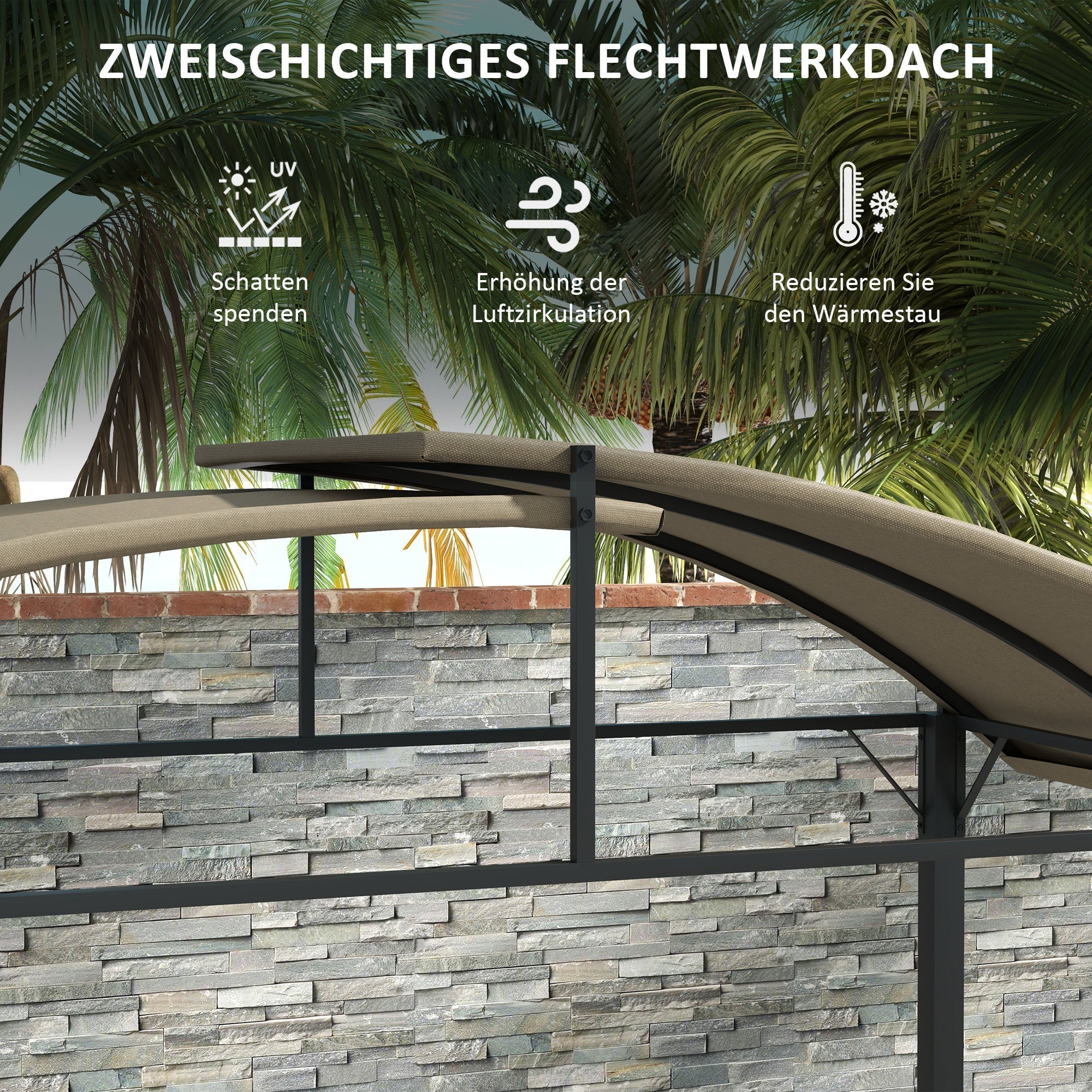 BBQ Grill Pavilion 1.1 x 2.3m Weatherproof Polyester Roof Side Shelves Khaki Steel