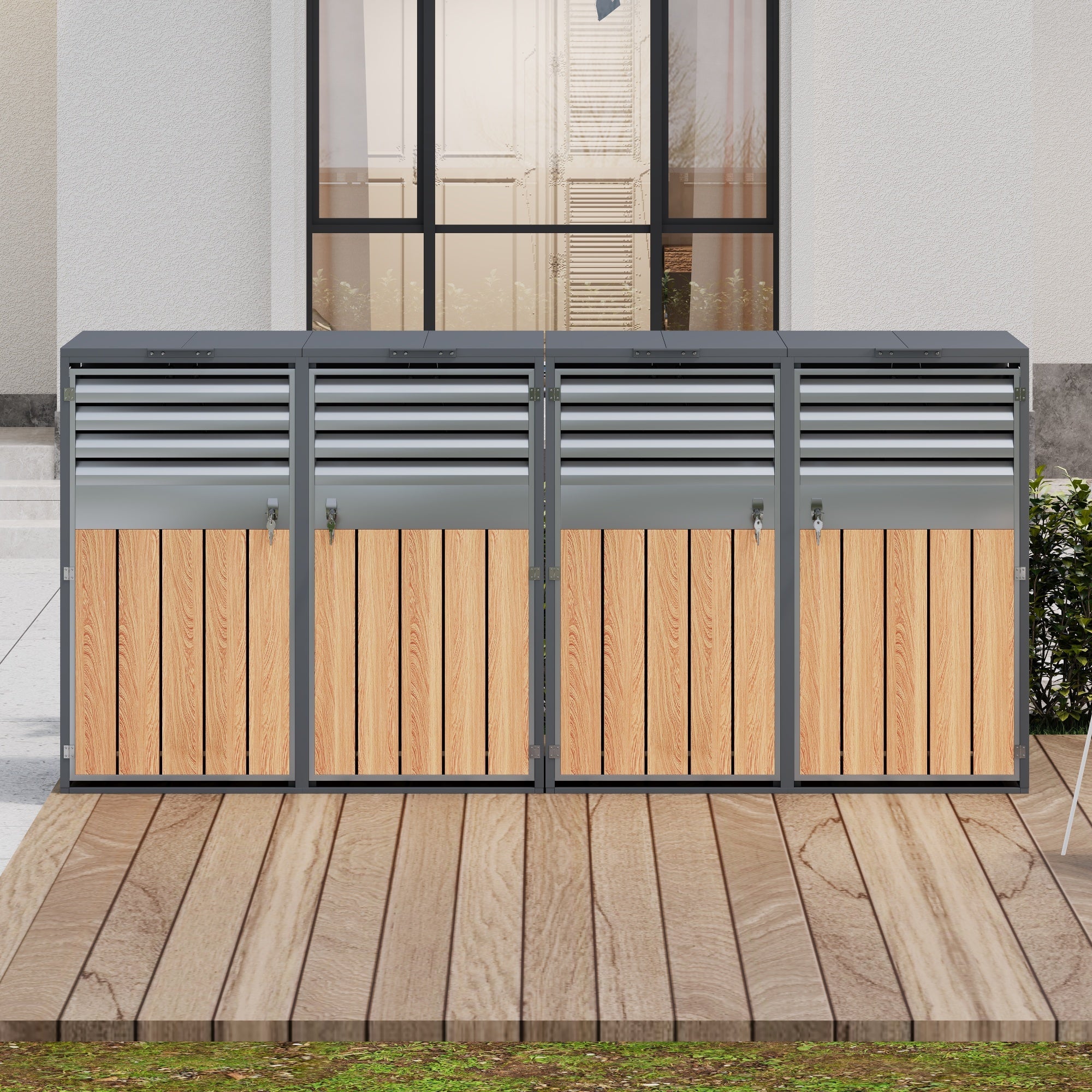 Bin Storage Box with Hinged Lid, Louvered Ventilation and 4 Lockable Doors, Metal