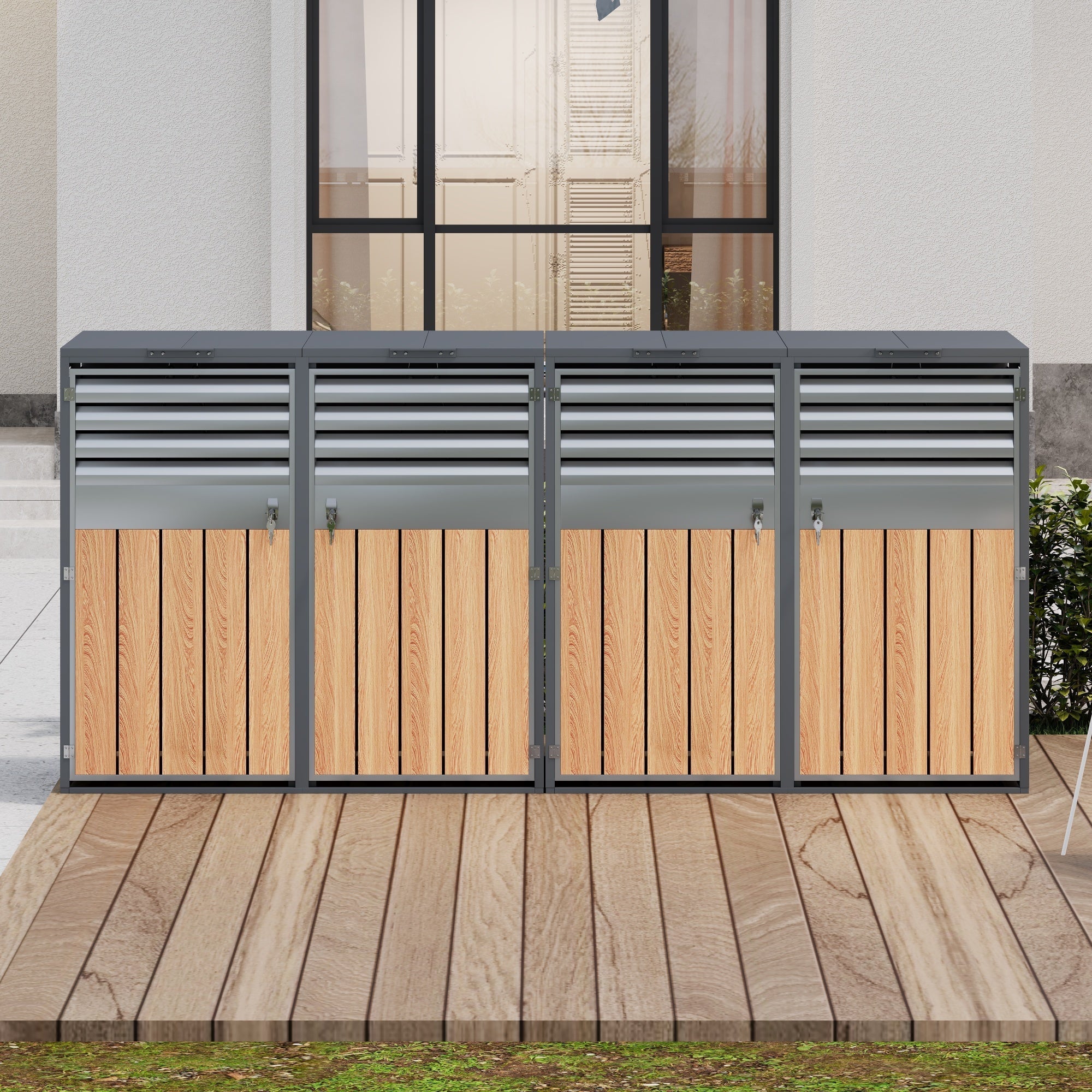 Bin Storage Box with Hinged Lid, Louvered Ventilation and 4 Lockable Doors, Metal