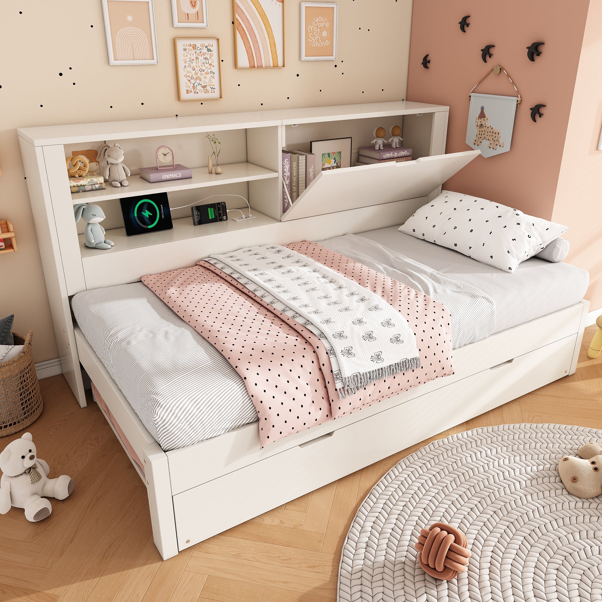 Single Sofa Bed 90x200cm Pull-Out Bed 90x190 Storage USB/USB-C Charging - White Wood