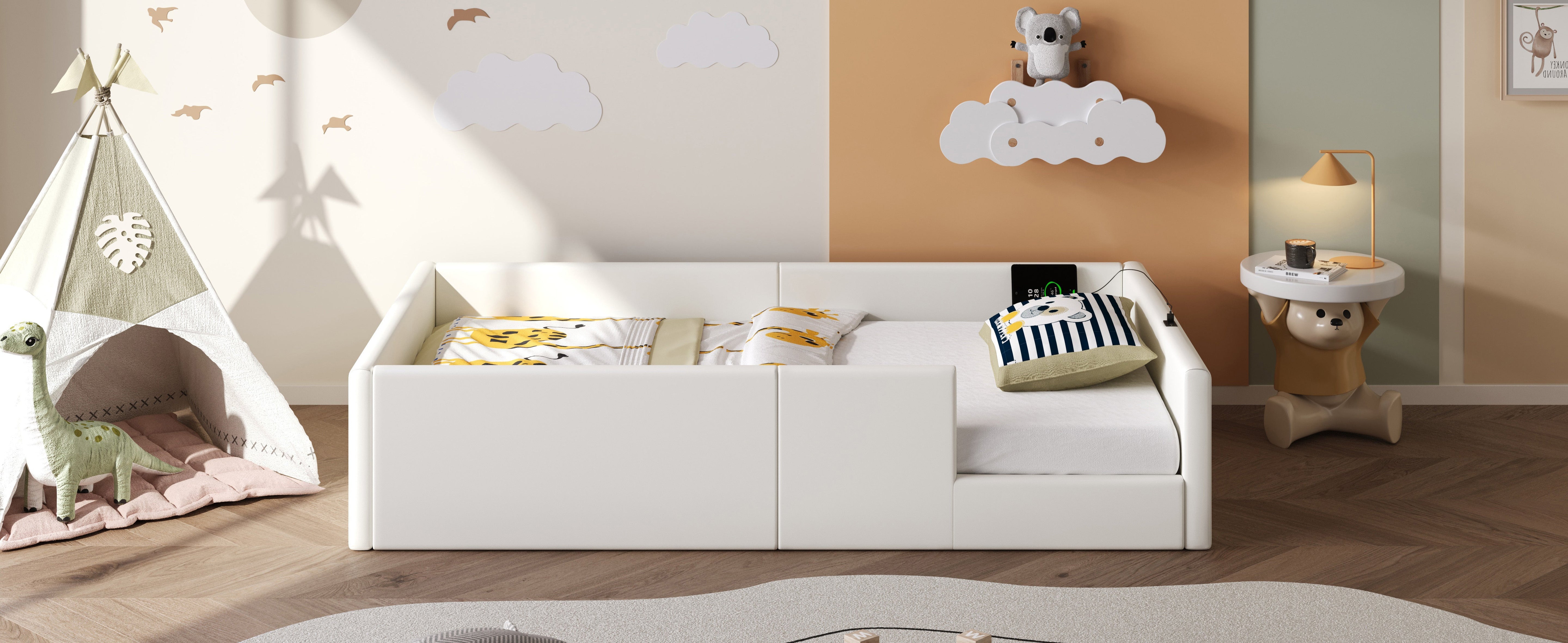 Upholstered Platform Bed with Safety Railing and Charging Station, 90x200cm, White Velvet