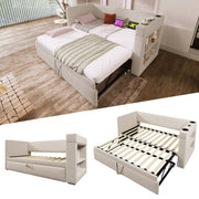 Daybed Upholstered Bed 3FT Single Sofa Bed with Trundle, USB/Type C Charging Station, Linen Beige