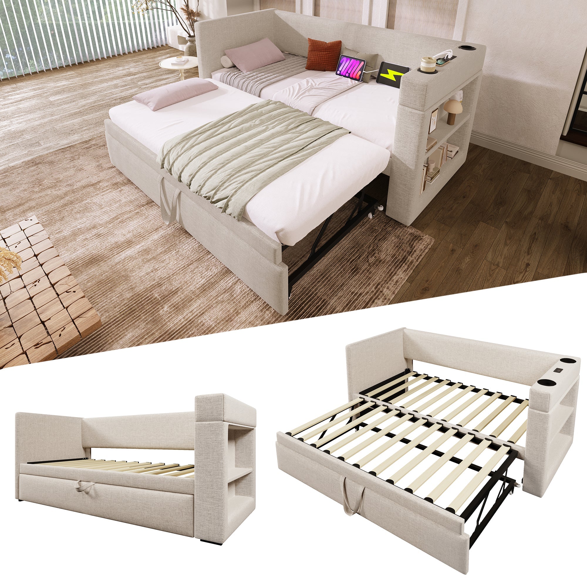 Daybed Upholstered Bed 3FT Single Sofa Bed with Trundle, USB/Type C Charging Station, Linen Beige