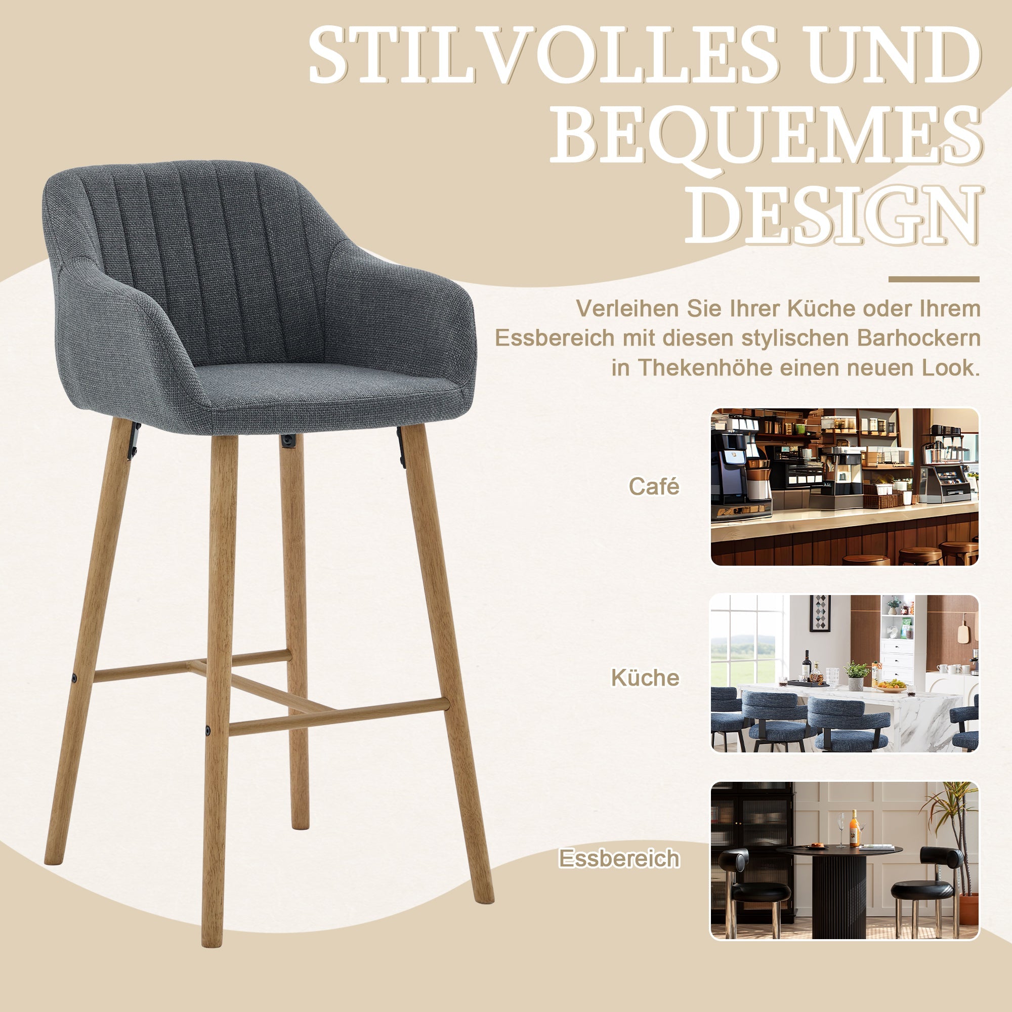 Modern Bar Stools Set of 2 with High Backrest and Armrests, Beige Linen