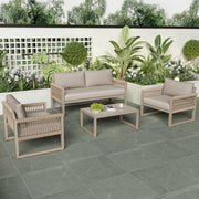 Outdoor Patio & Backyard Furniture Lounge Set for 4, Space Saving Sofa with Glass Coffee Table, Khaki