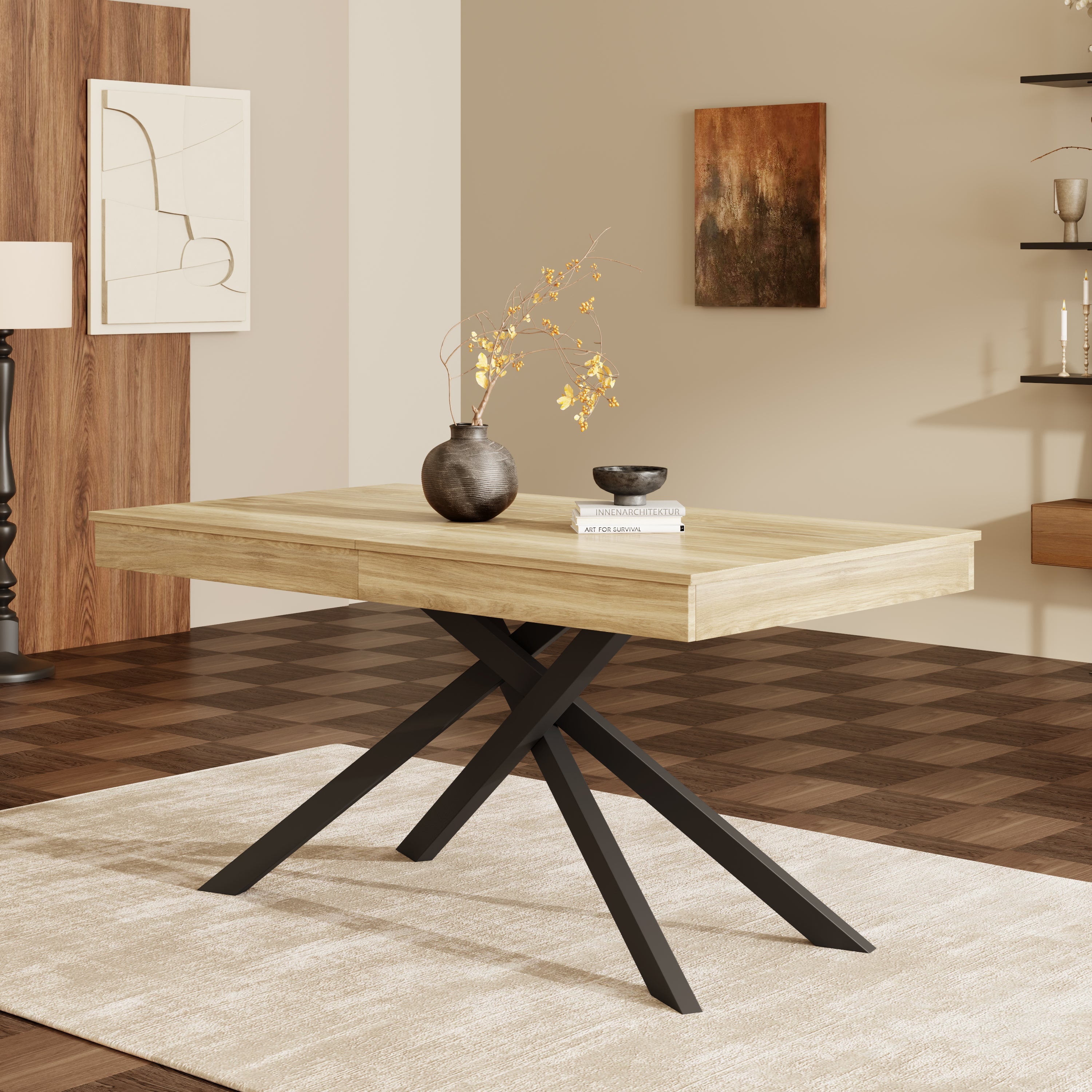 Extendable Dining Table 140/180x80cm 6-8 Person Metal Legs Oak Color
