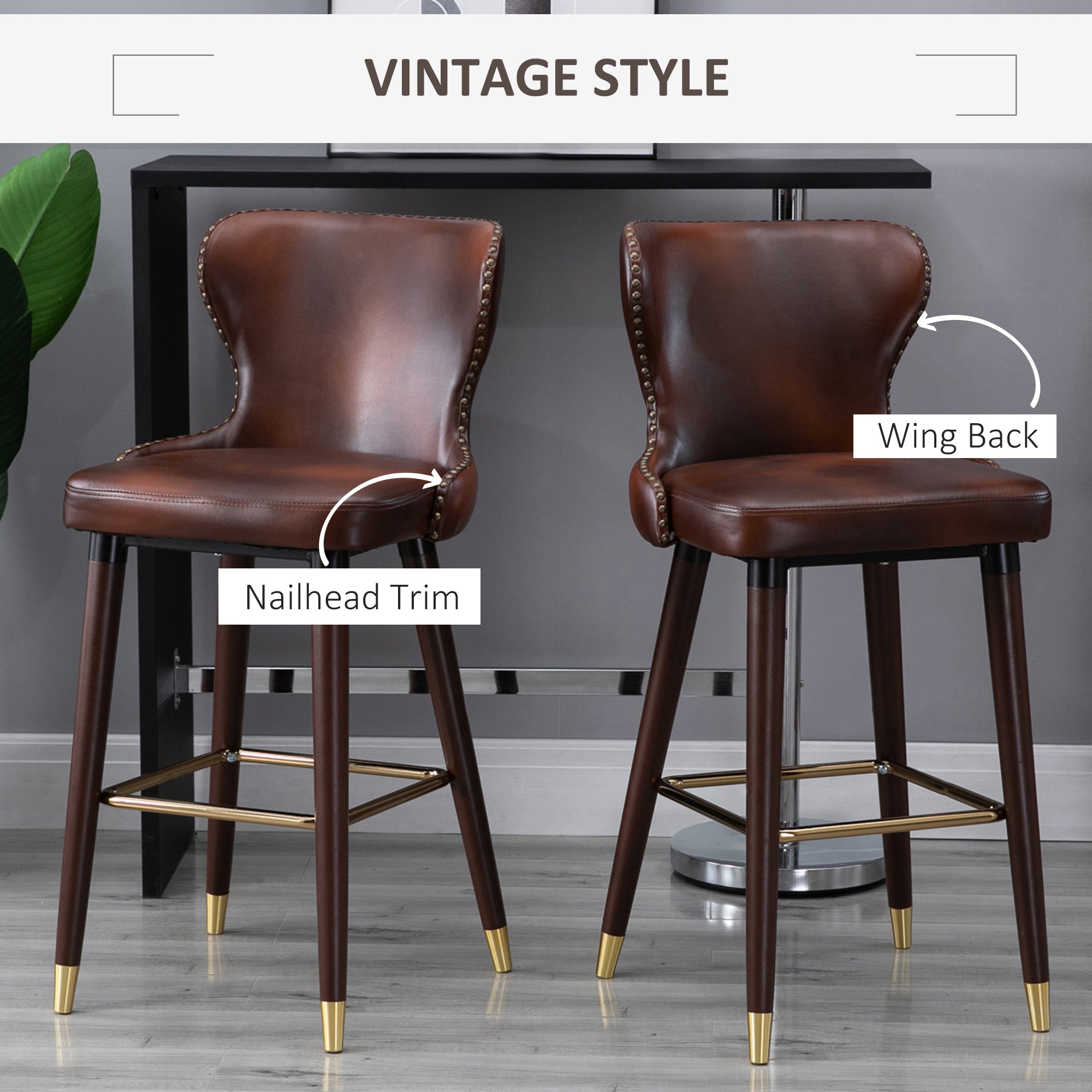 Bar Stools Set of 2, Counter-Height Kitchen Stools with Back, Brown PU Leather