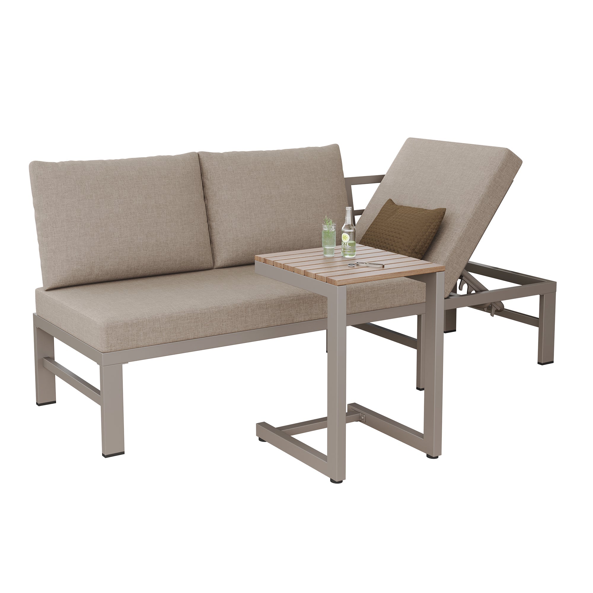 3-Seater Outdoor Sofa and Table Set with Adjustable Reclining Function, Khaki