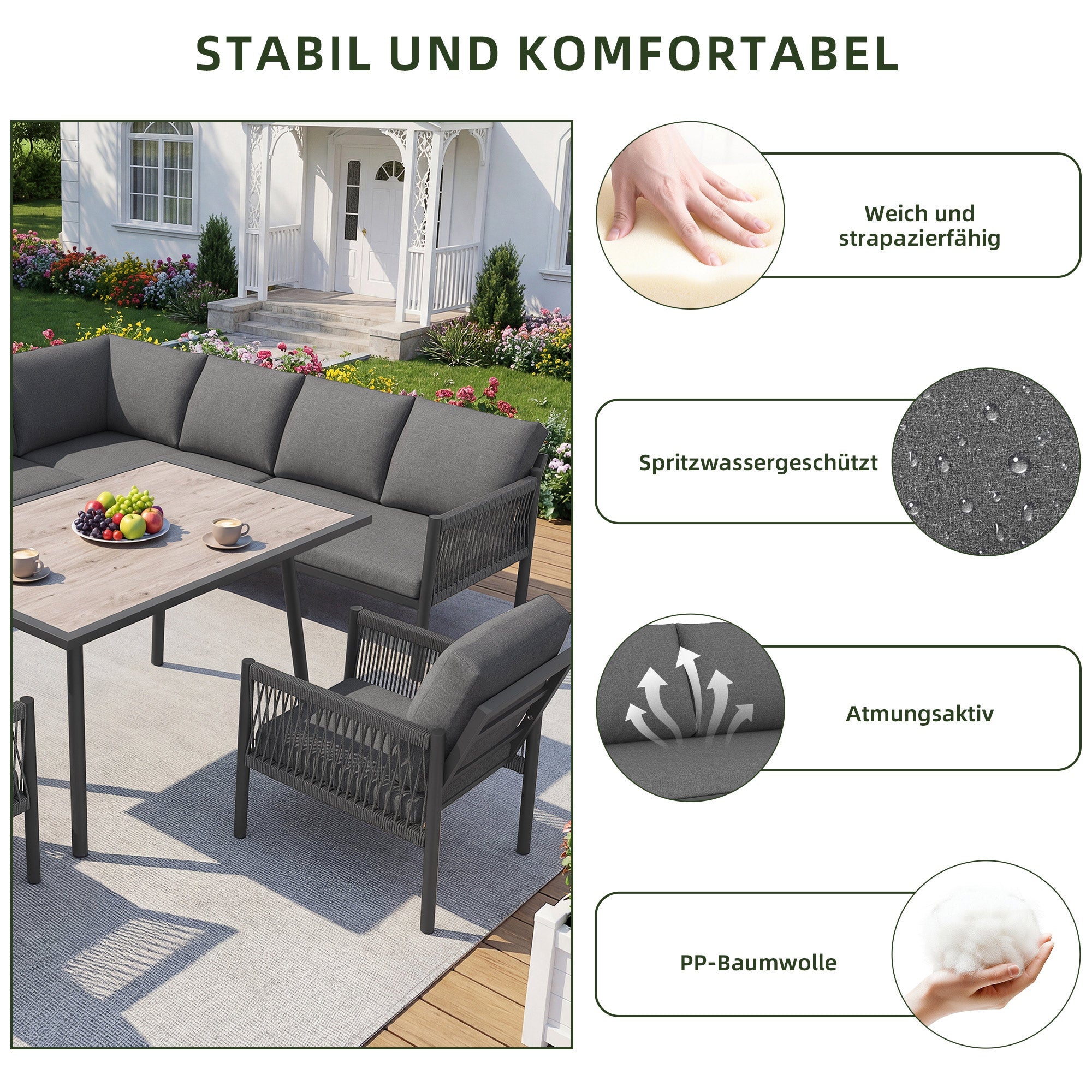 L-Shaped Garden Lounge Seating Group with Table and 2 Armchairs, Seats 7-8, Grey