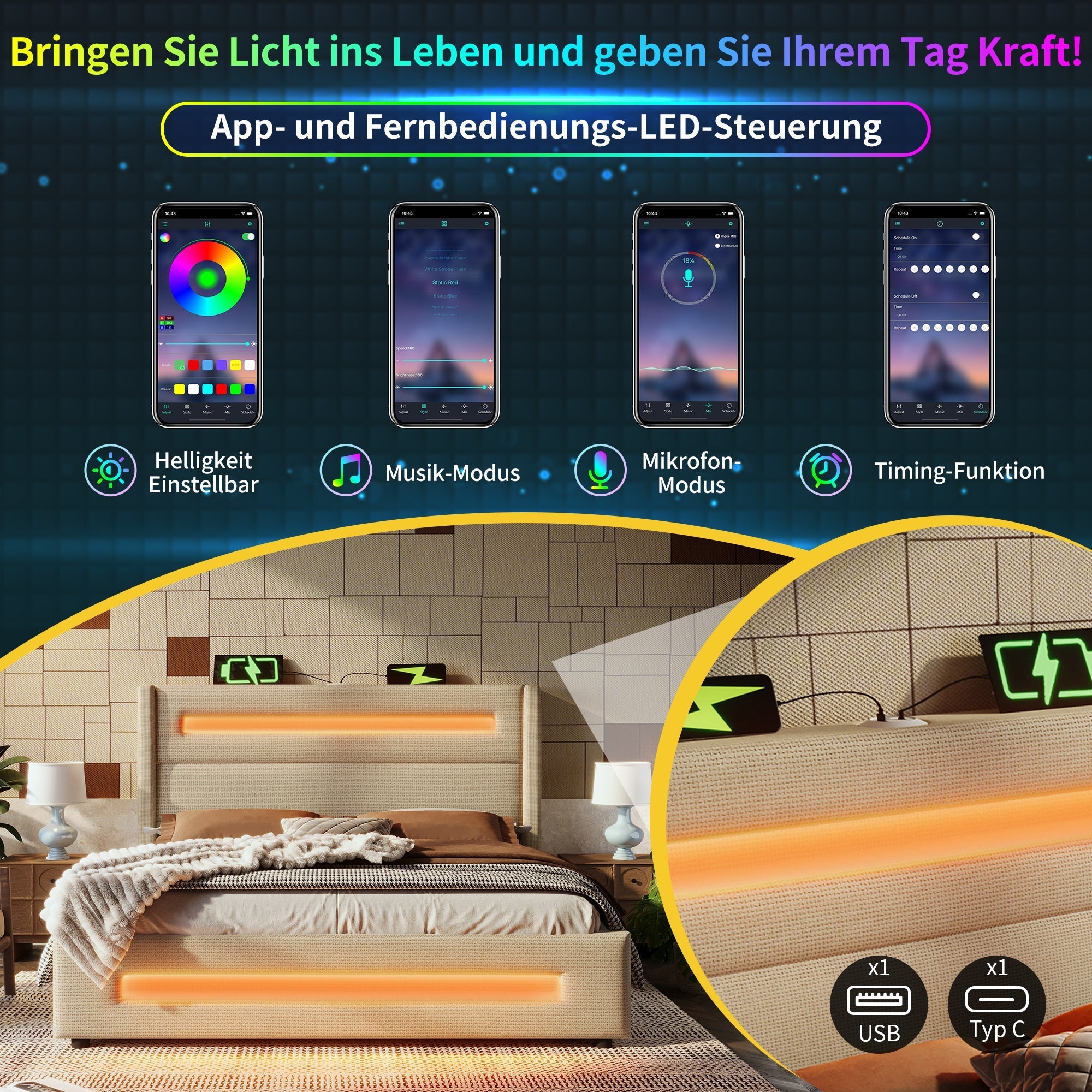 Upholstered Double Bed 140x200 cm, LED, Hydraulic Storage, USB-C, Metal Frame, Beige Linen