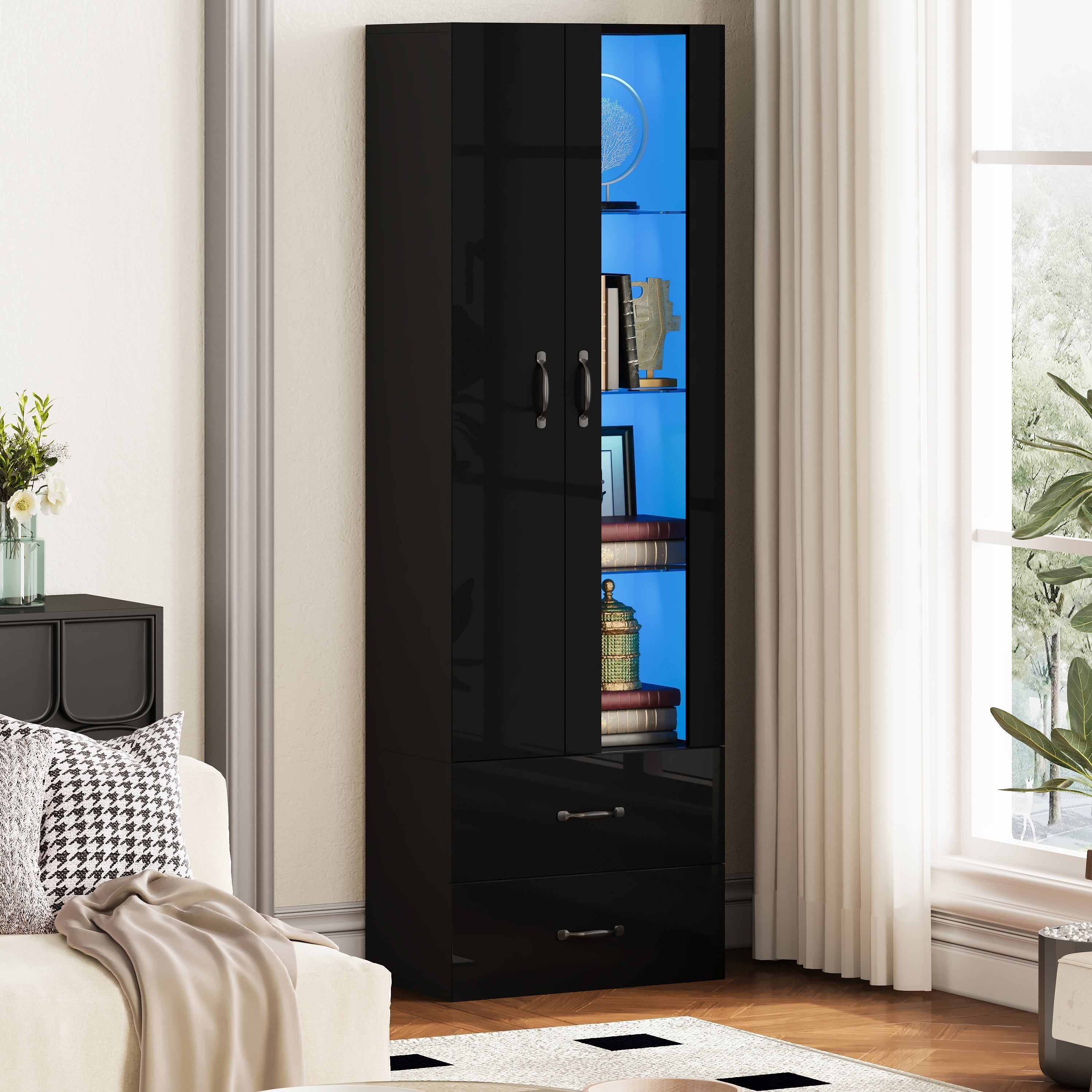 LED Display Cabinet Freestanding 2 Doors - Black