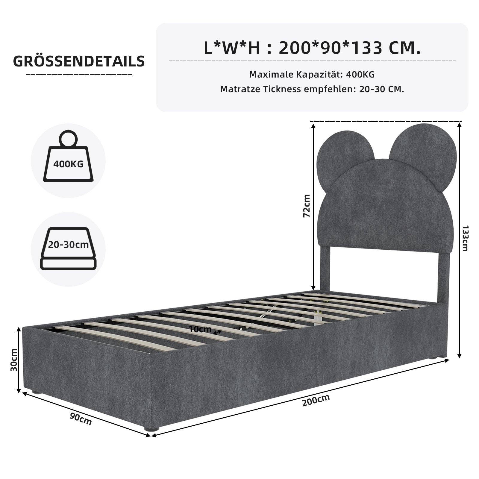 Upholstered Bed, Minimalist with Cartoon Headboard, 90x200 cm, Grey