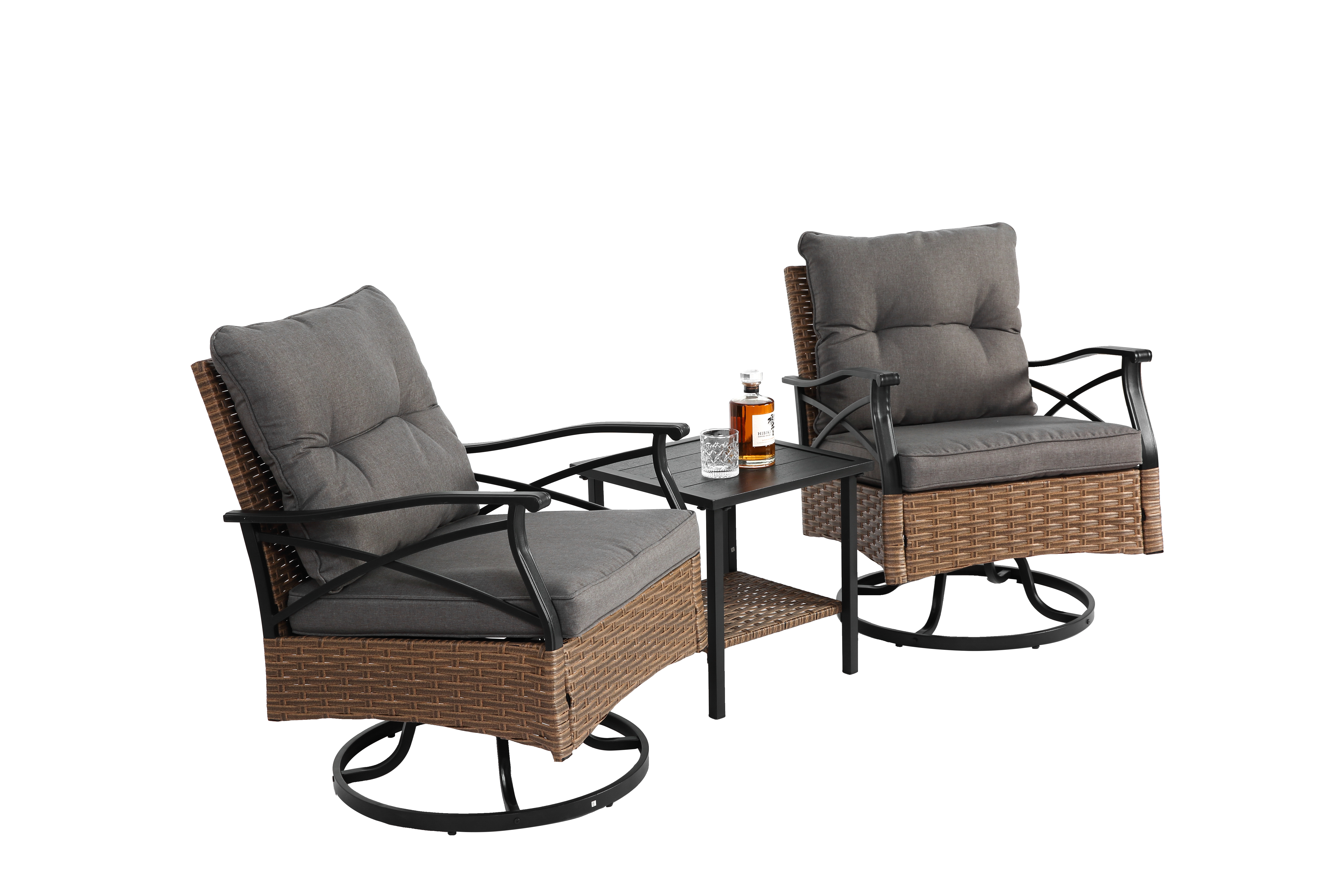Outdoor Swivel Rocking Chair Set, 3 Pieces with 1 Table and 2 Chairs, 350lb Support, Brown Wicker