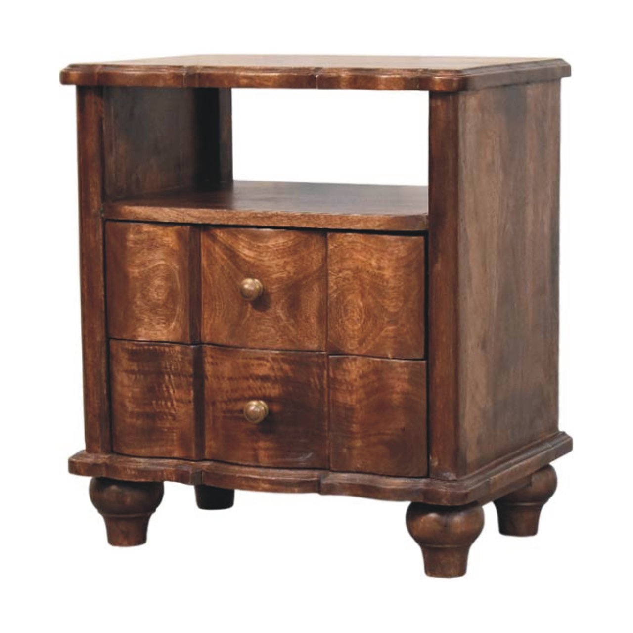 Nightstand 2-Drawer with Open Shelf, Solid Wood Brown