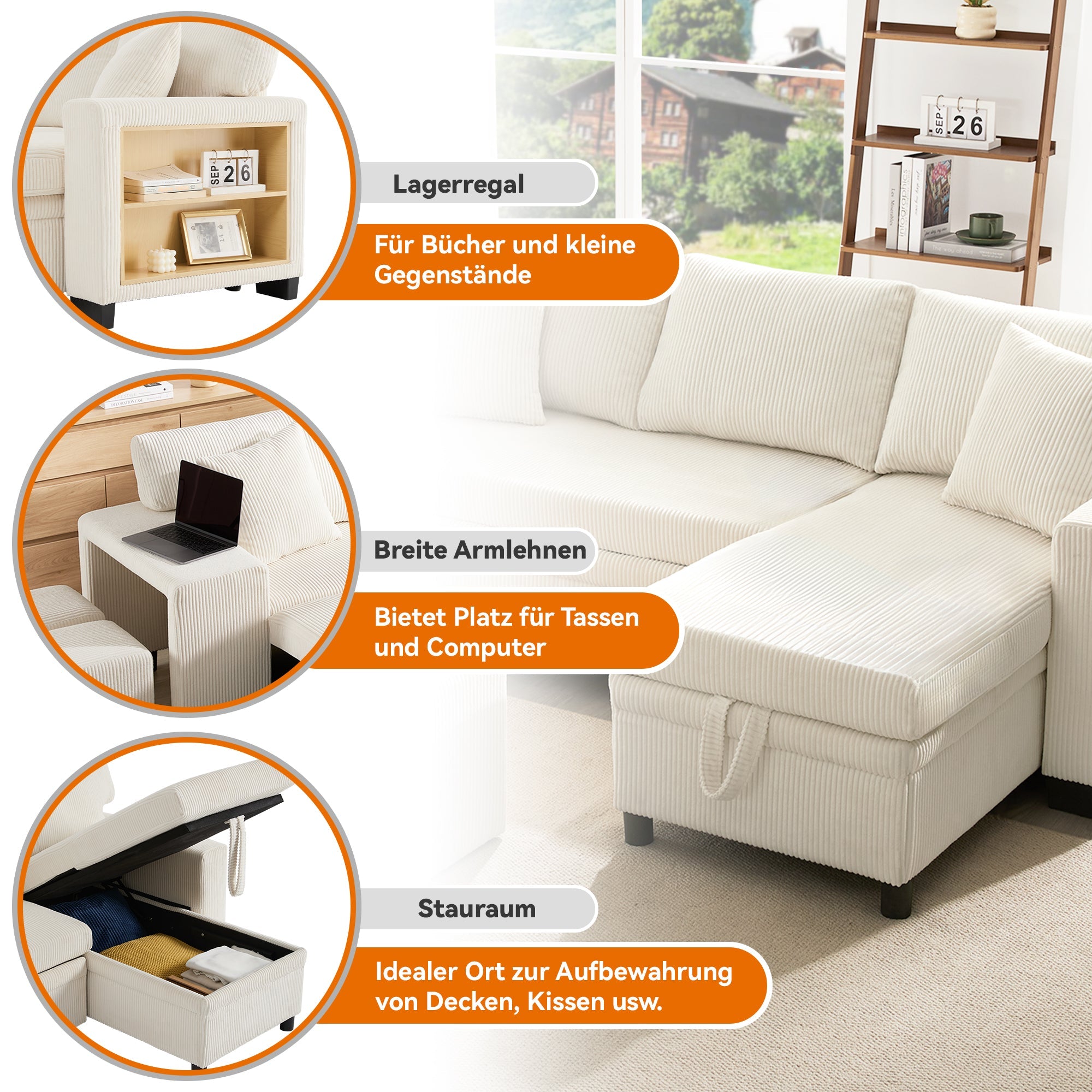 Sofa Bed L-Shaped Convertible 3-Seater with USB, Storage, and Shelves