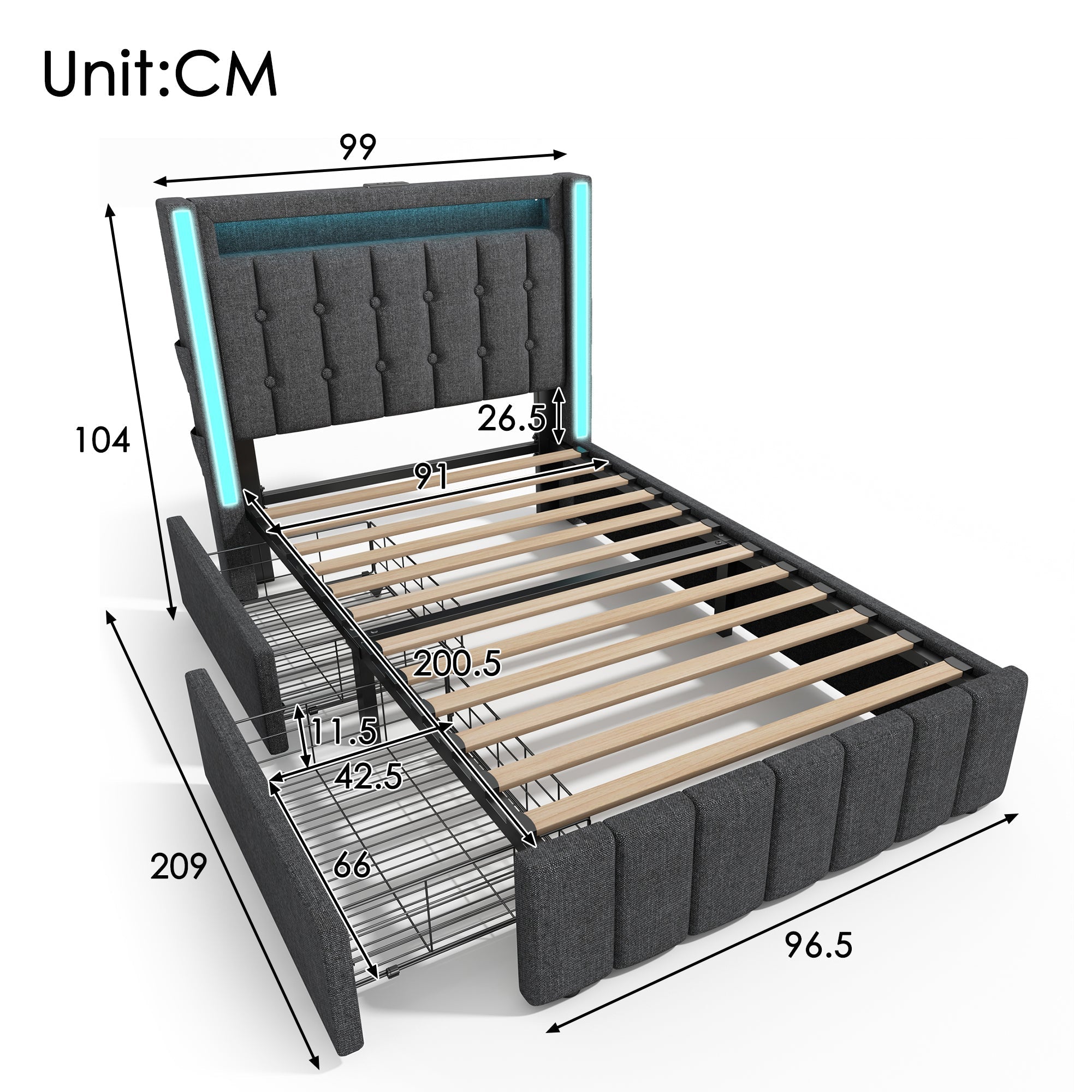 Upholstered Bed with USB & LED, 2 Drawers, Wooden Slatted Frame, Grey