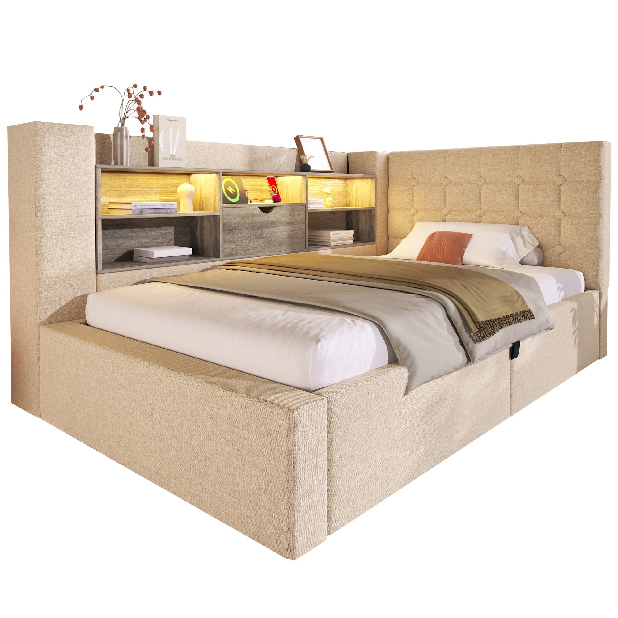 Upholstered Single Bed 90x200cm LED Hydraulic Storage L-Shaped Headboard - Linen Beige (With Mattress)