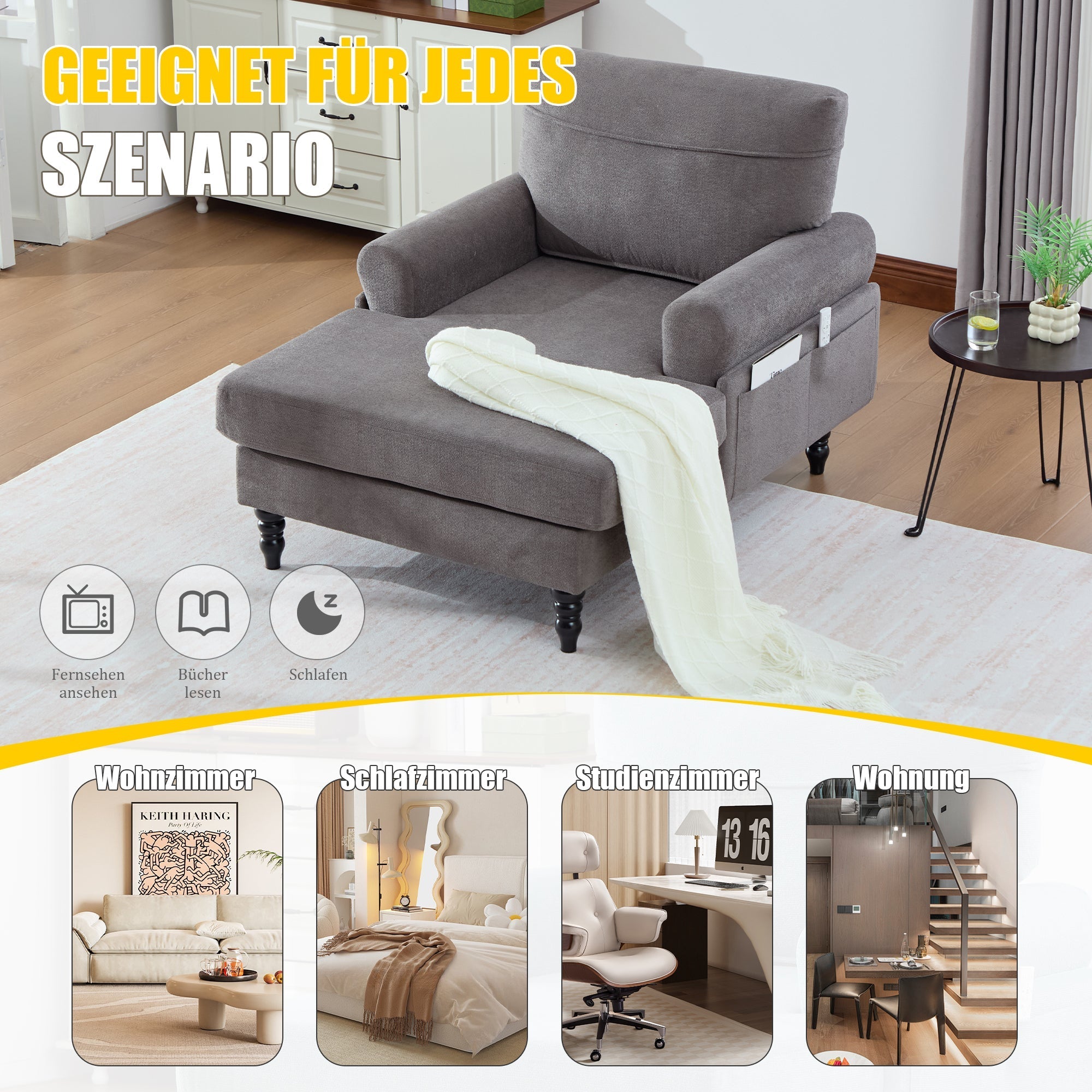 Modern Minimalist Lounger Single Sofa with Wooden Legs and Side Pockets, Chenille Fabric