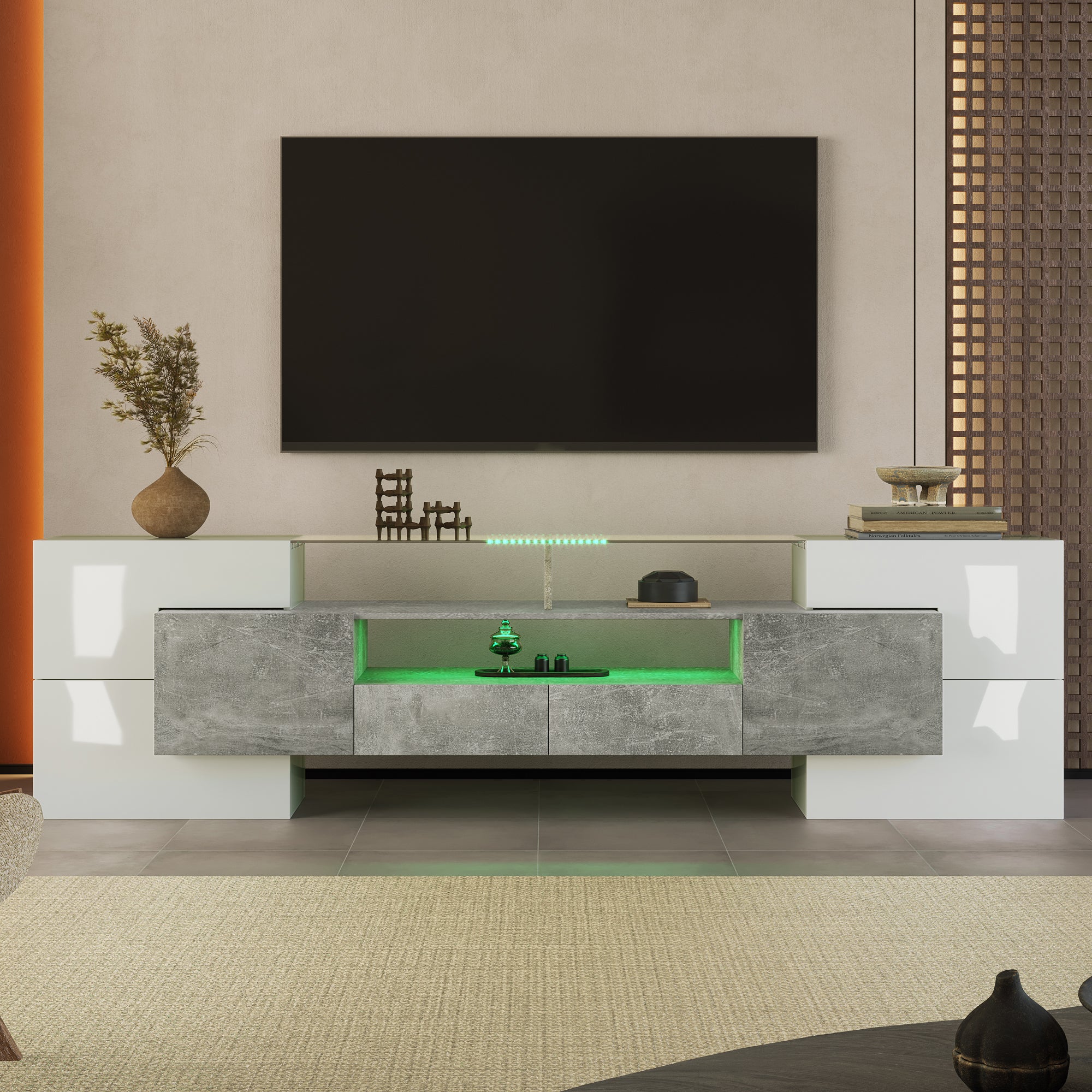 TV Cabinet Lowboard 200cm LED High-Gloss Glass - White/Grey