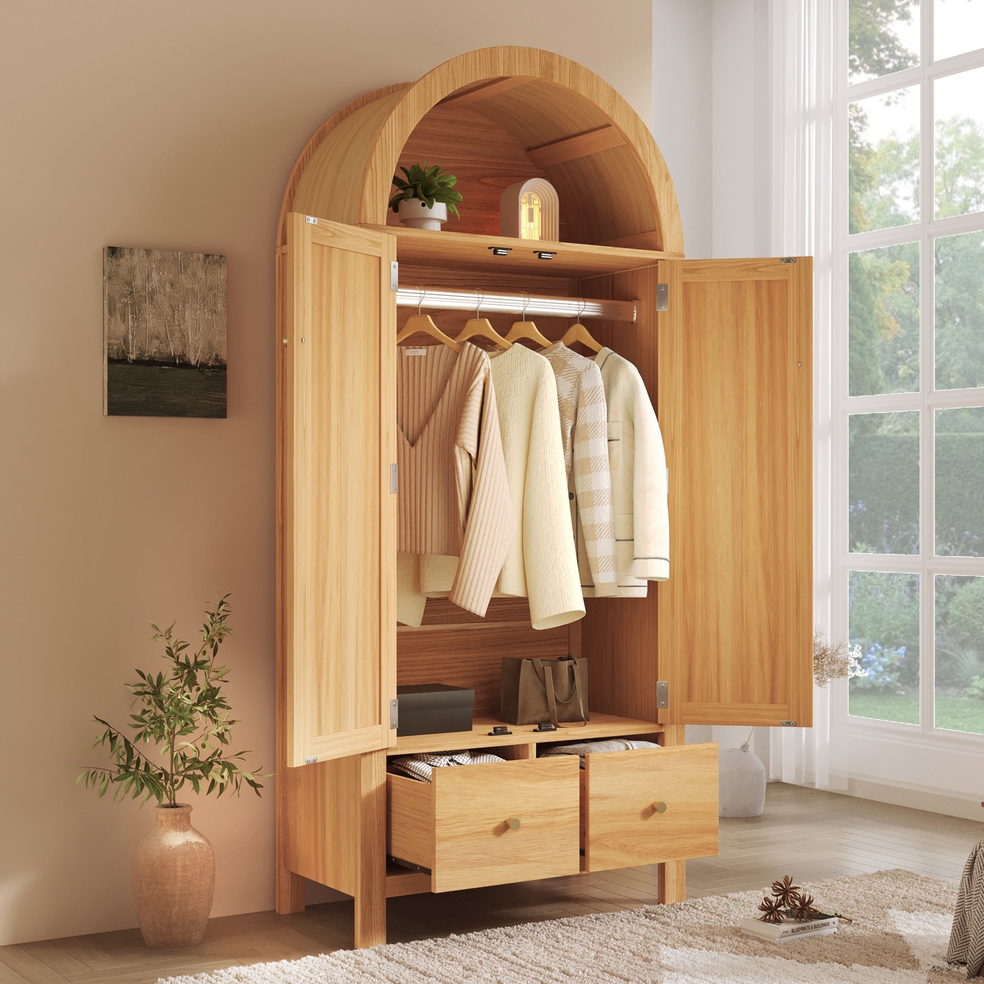 Wardrobe with Rattan Weave and 2 Doors, 181x78x45 cm, Oak Look