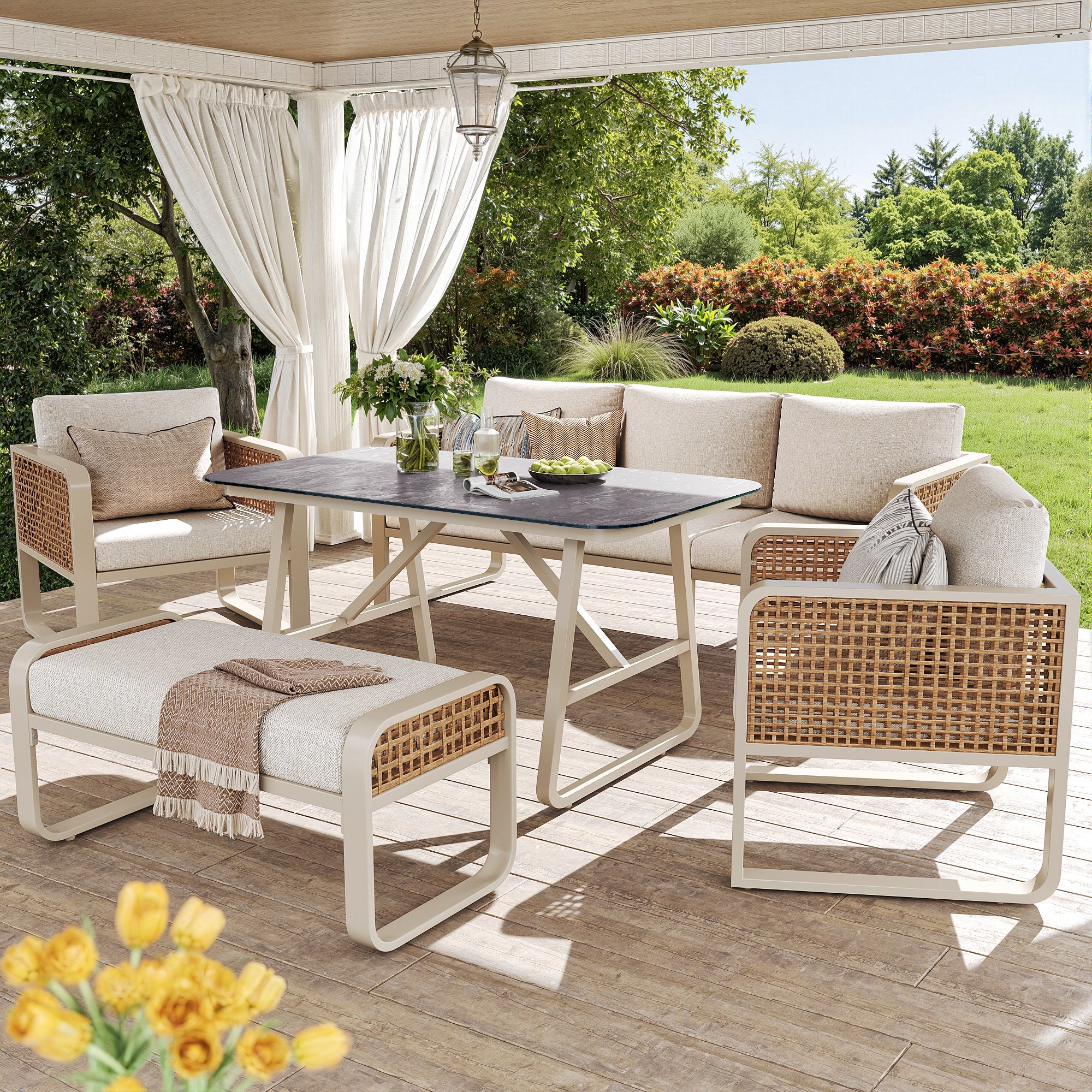 Garden Lounge Set for 6-7 People with Side Table and Washable Cushions, PE Rattan, Beige
