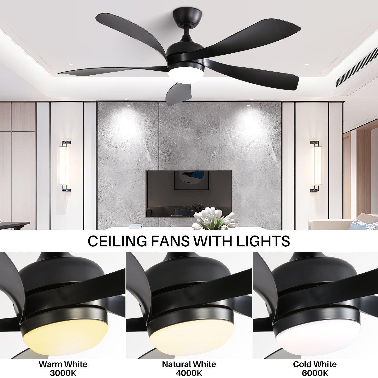 Ceiling Fan 52-inch LED Dimmable 6-Speed Quiet Reversible Timer