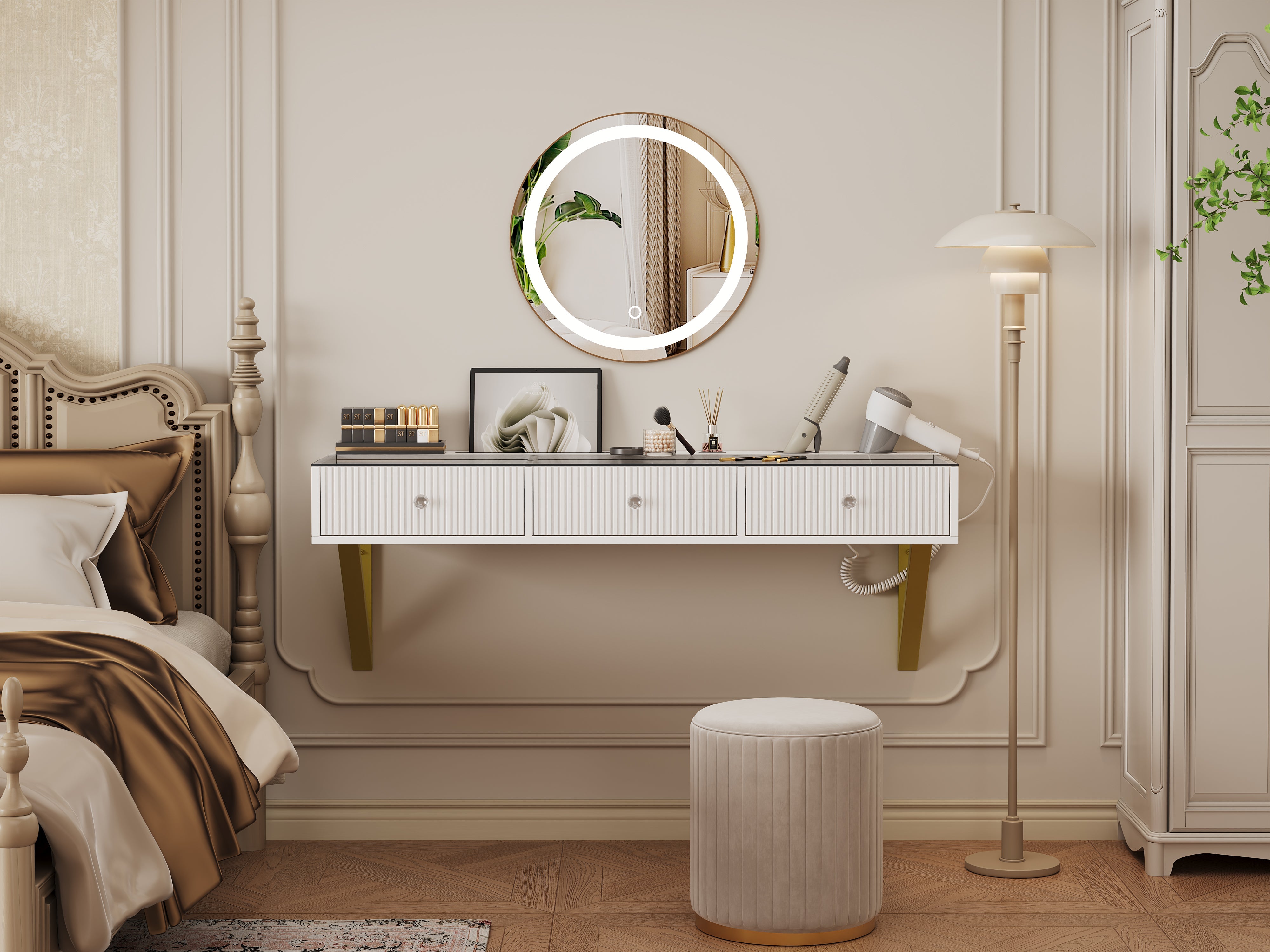Wall-Mounted Vanity Table with 3 Drawers, Glass Top, Tablet and Cup Holder, White