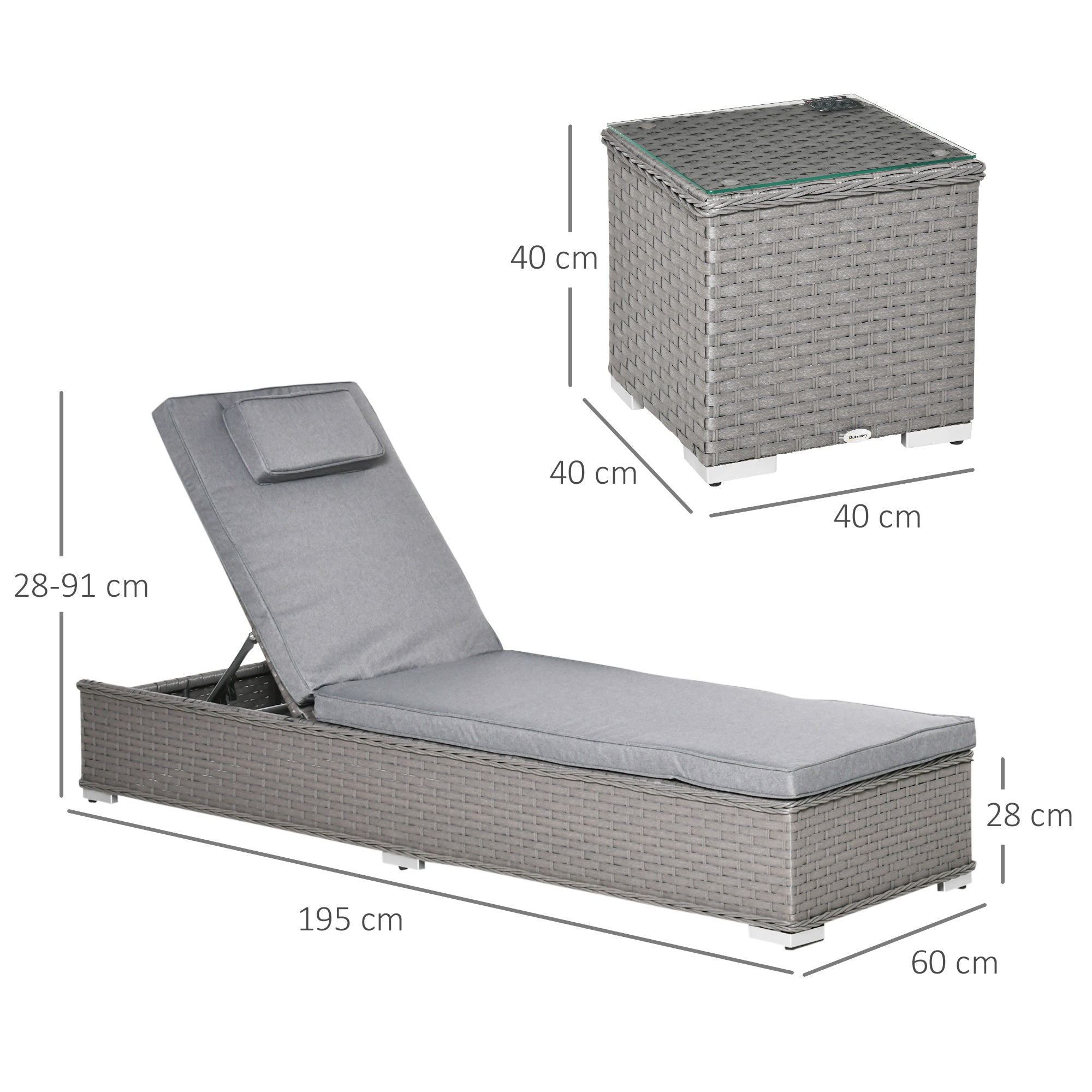 3 Pieces Sun Lounger Set, 5-Position Reclining Chairs and Table, Rattan Wicker, Grey