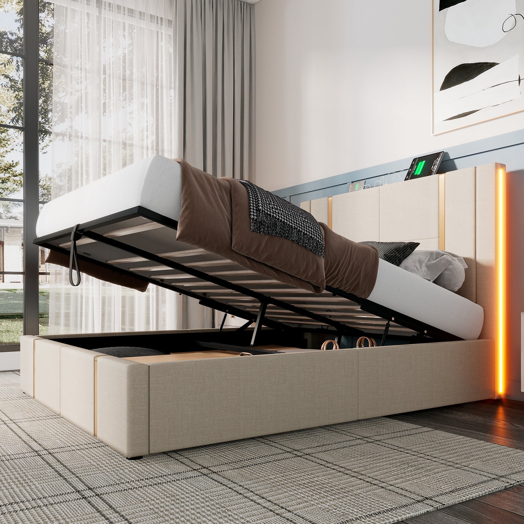 Upholstered Double Bed, 140x200 LED USB-C Storage, Beige Linen