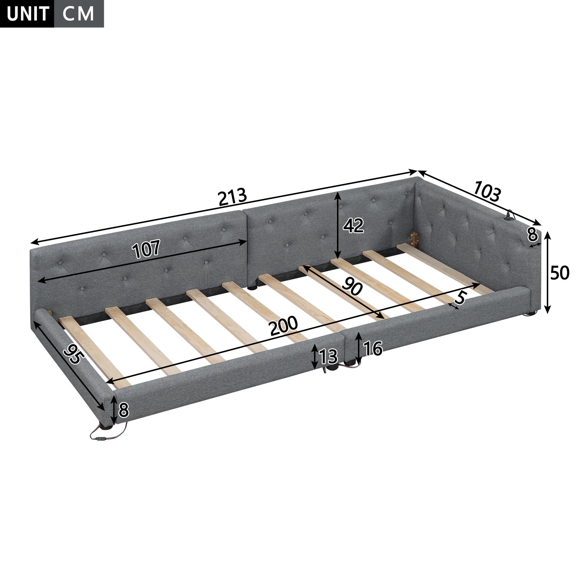Sofa Daybed 90x200cm LED Light USB/Type-C Tufted Headboard - Linen Grey