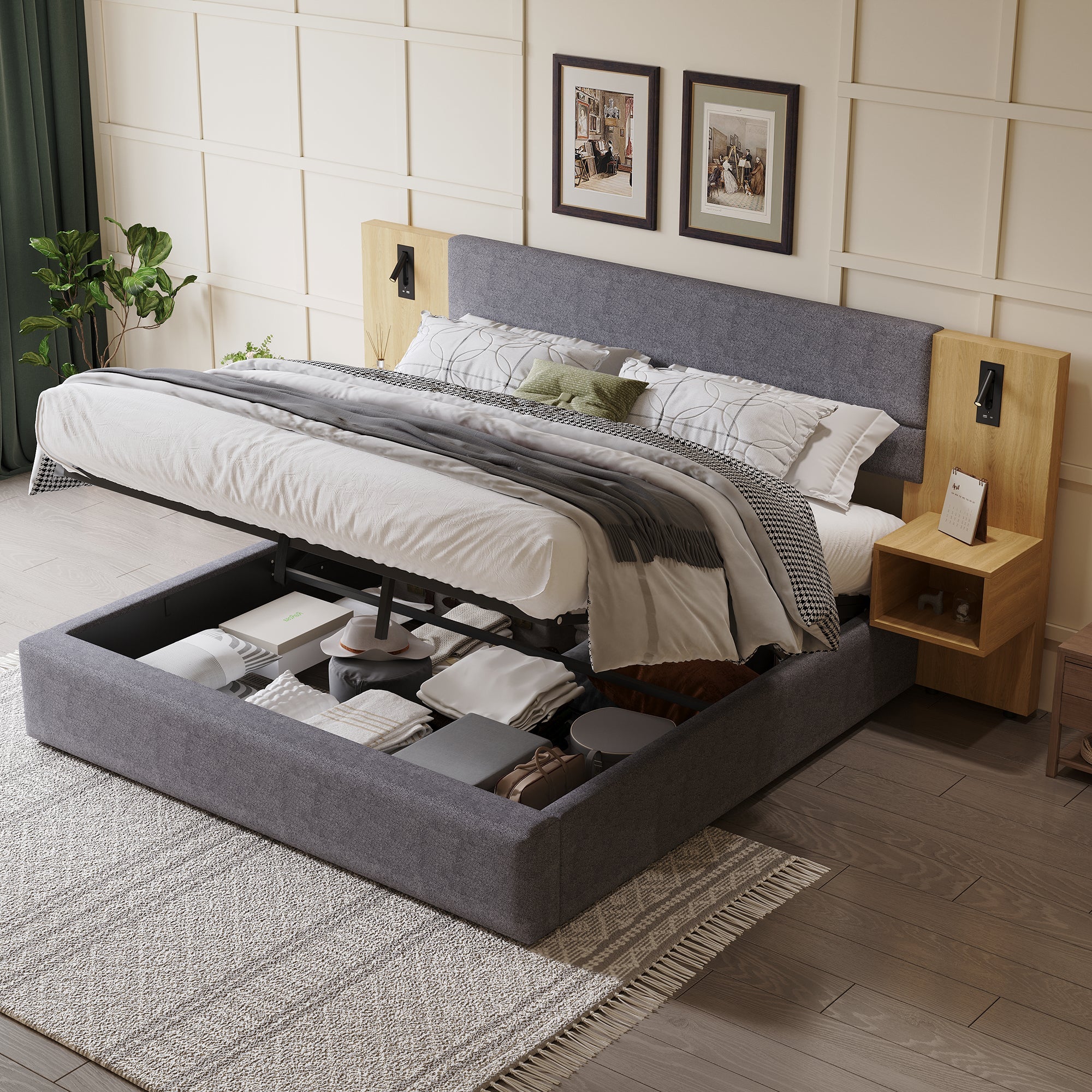 Upholstered Bed with Hydraulic Storage, LED, USB and 2 Bedside Tables, 160x200cm, Grey and Natural Velvet