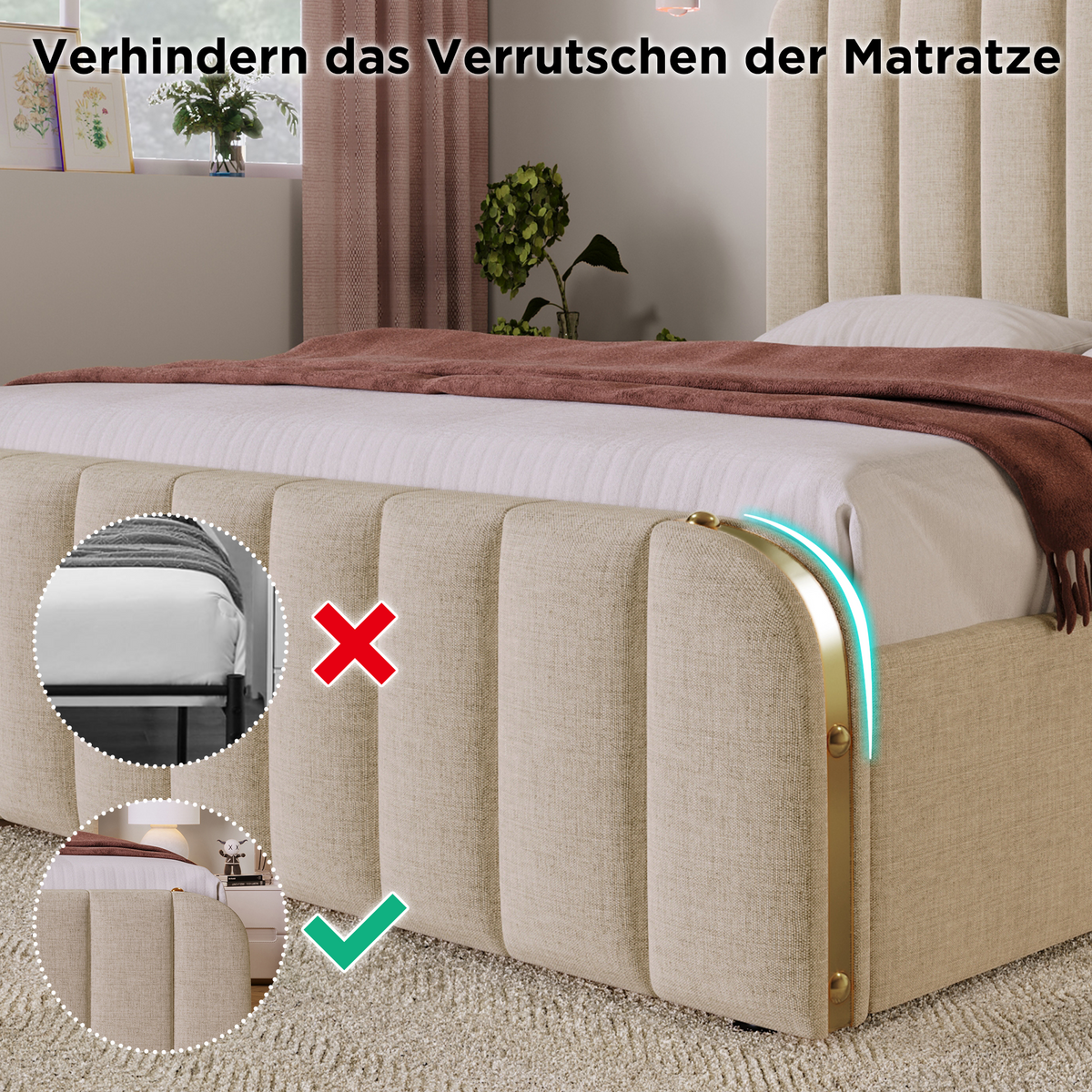 Upholstered Bed 180x200cm, Padded Headboard USB Type-C, 4 Drawers, Beige Linen