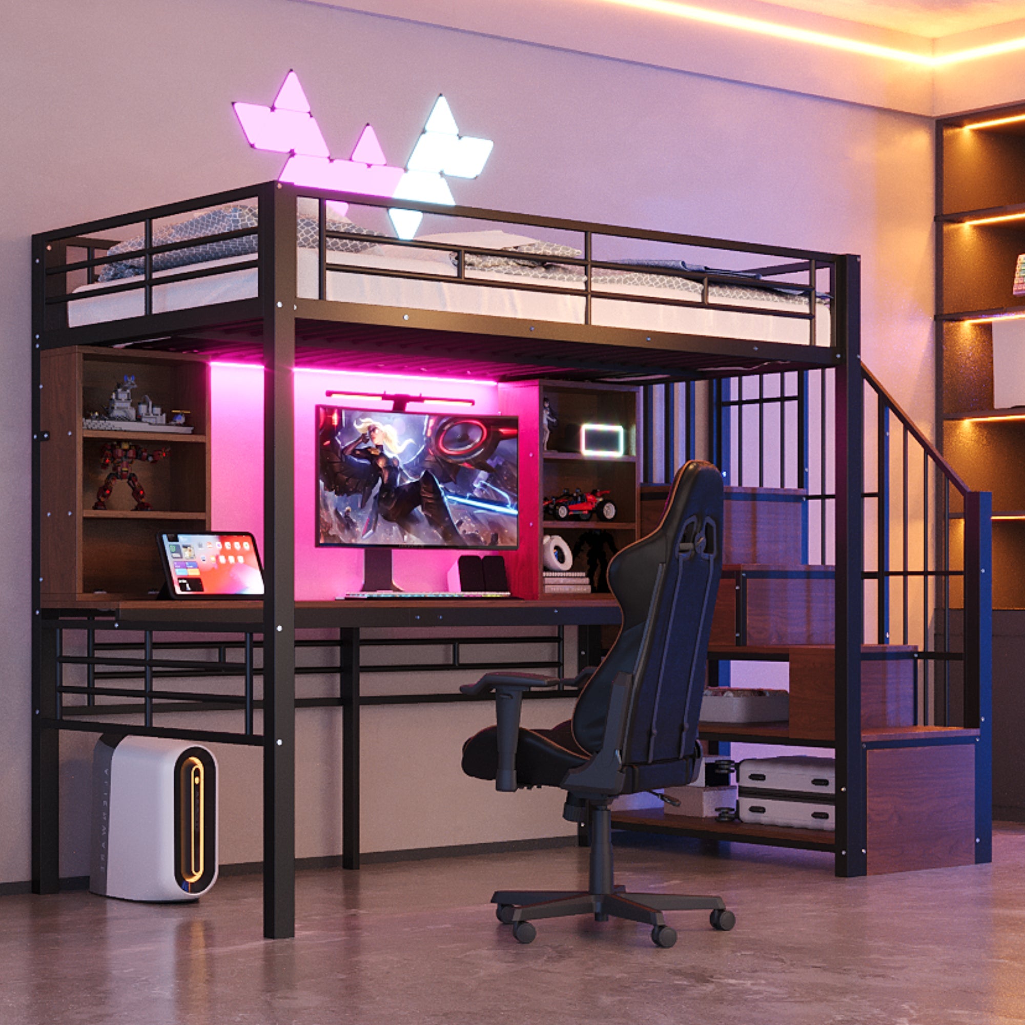 Loft Bed with Desk, Storage Stairs, LED and Socket, 90x200cm, Black Iron