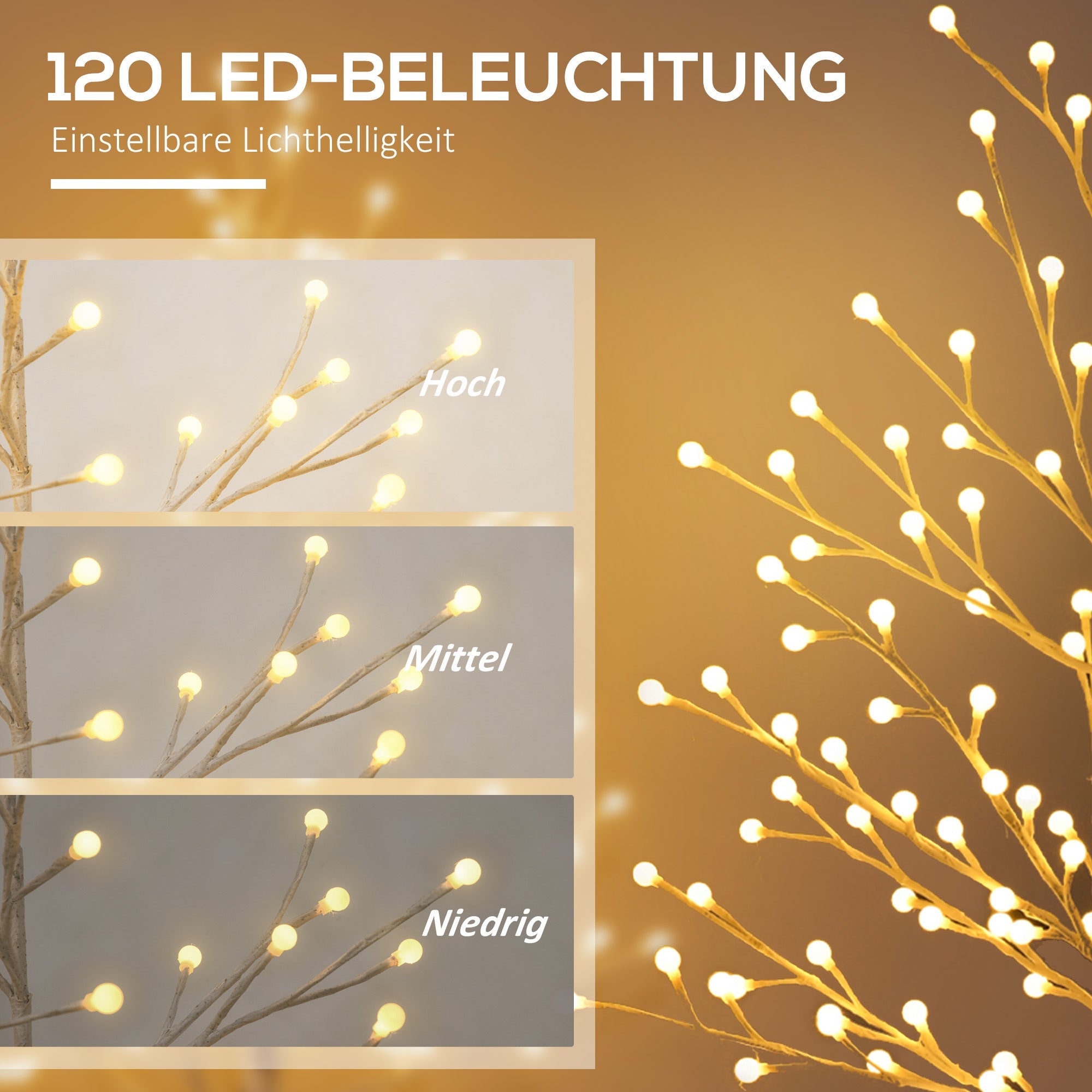 Birch Tree Light, 150cm 120 LED 3 Brightness Levels, Artificial Warm White