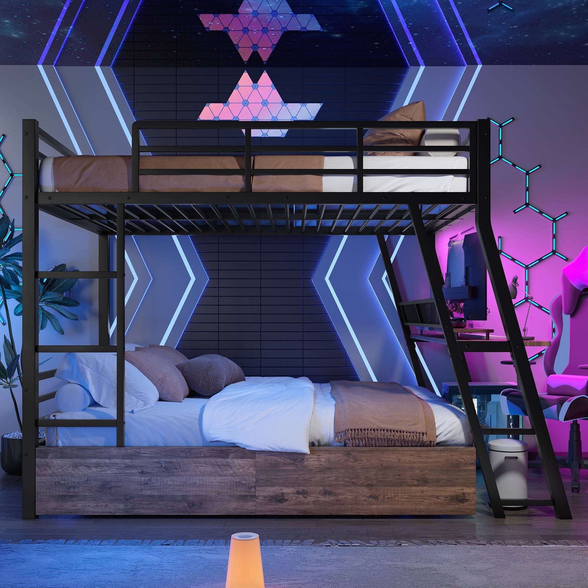 Loft Bed with Desk, LED Strip and Storage Drawers, Black Iron Frame