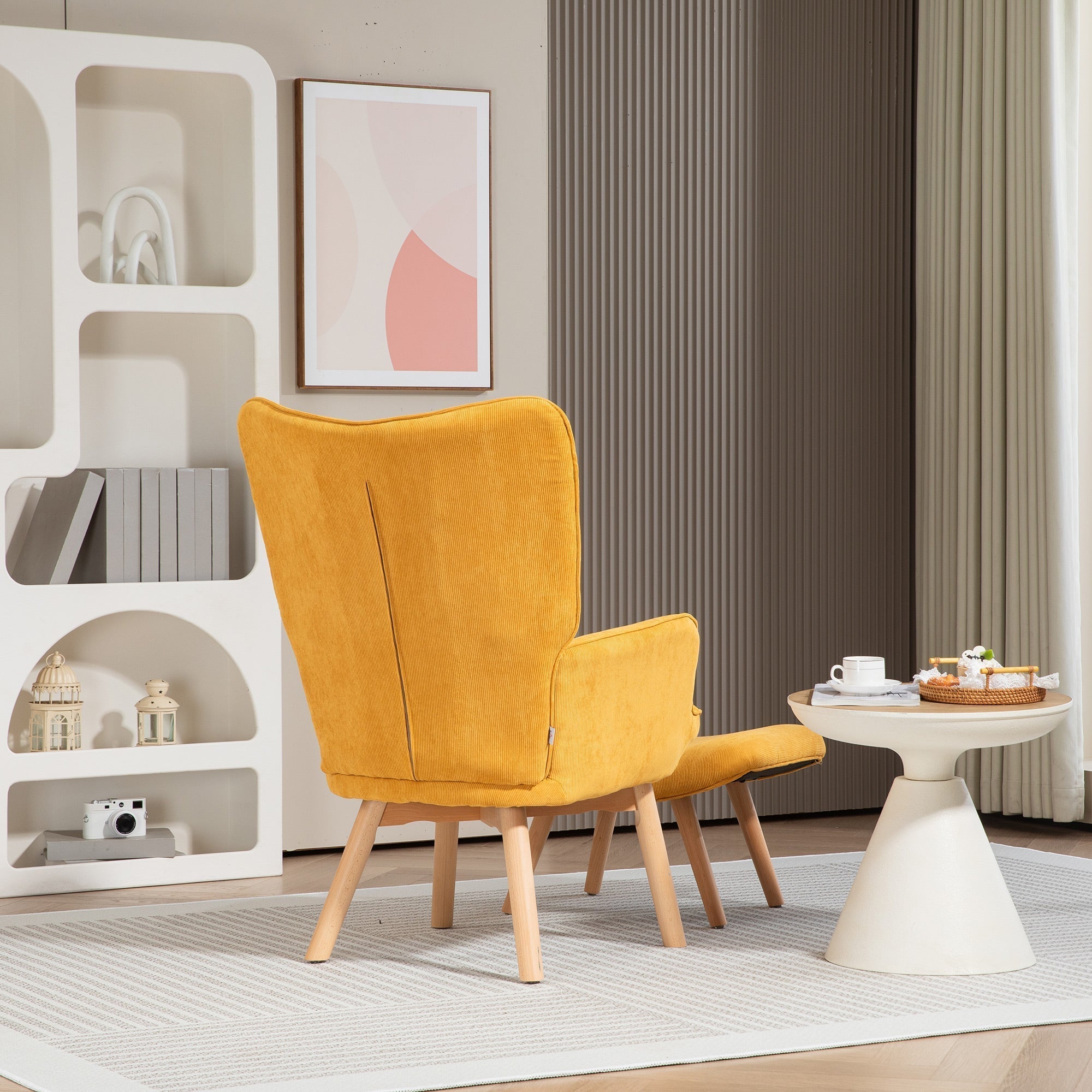 Wingback Chair with Footstool Recliner Wooden Legs, Corduroy Orange