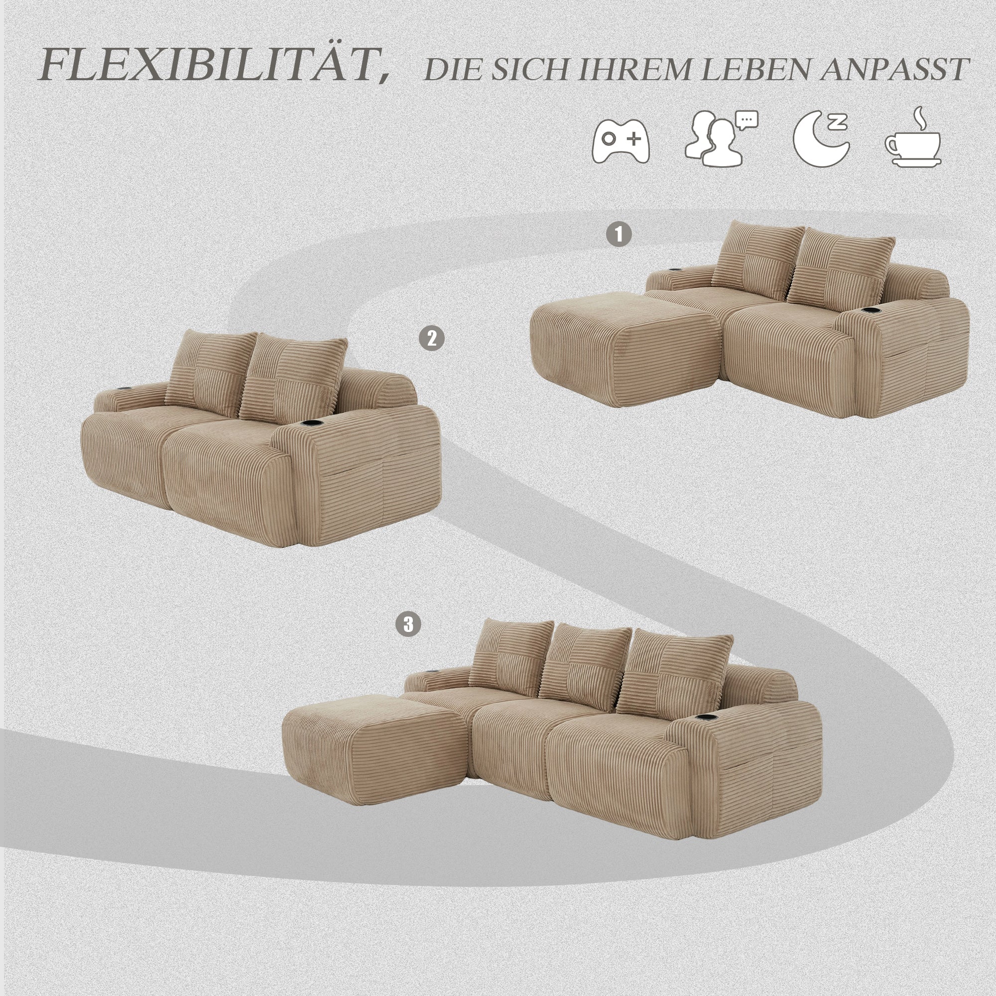 3-Seater Modular Sofa with Ottomans and Cup Holders, Khaki Corduroy